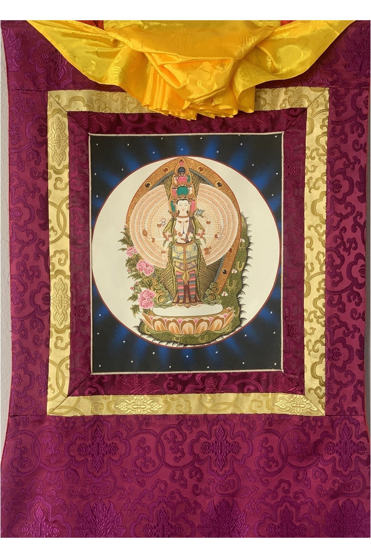 1000 Armed Avalokiteshvara, Chyangresi, Chenrezig, Thangka Painting, Original Art, with Silk Brocade - Tibetan Thangka Art