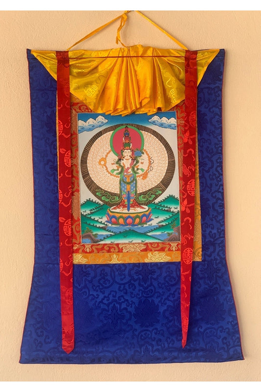 1000 Armed Avalokitesvara, Chyangresi, Chenrezig, Tibetan Thangka Painting, Original Art, with Silk Frame - Tibetan Thangka Art