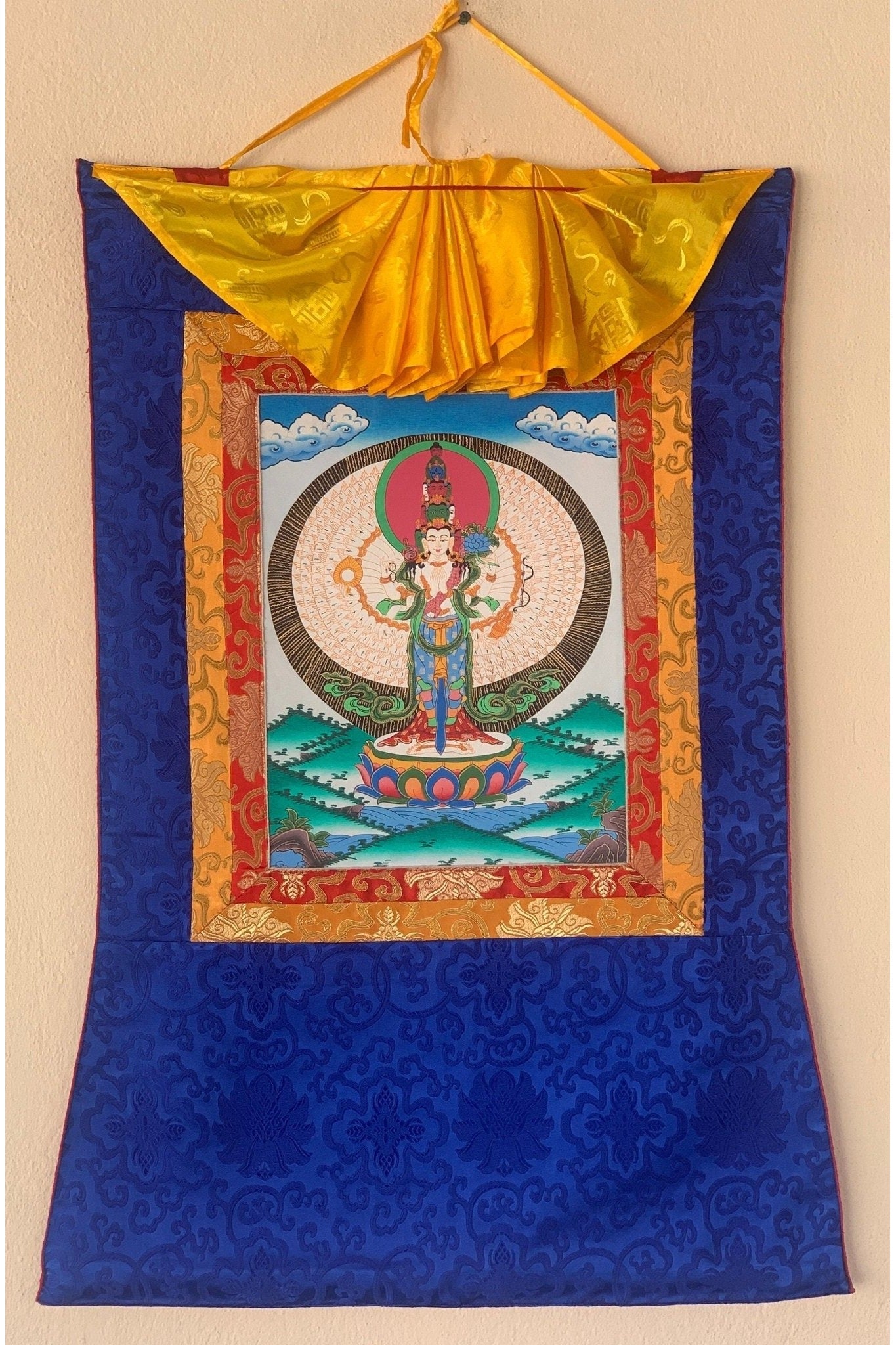 1000 Armed Avalokitesvara, Chyangresi, Chenrezig, Tibetan Thangka Painting, Original Art, with Silk Frame - Tibetan Thangka Art