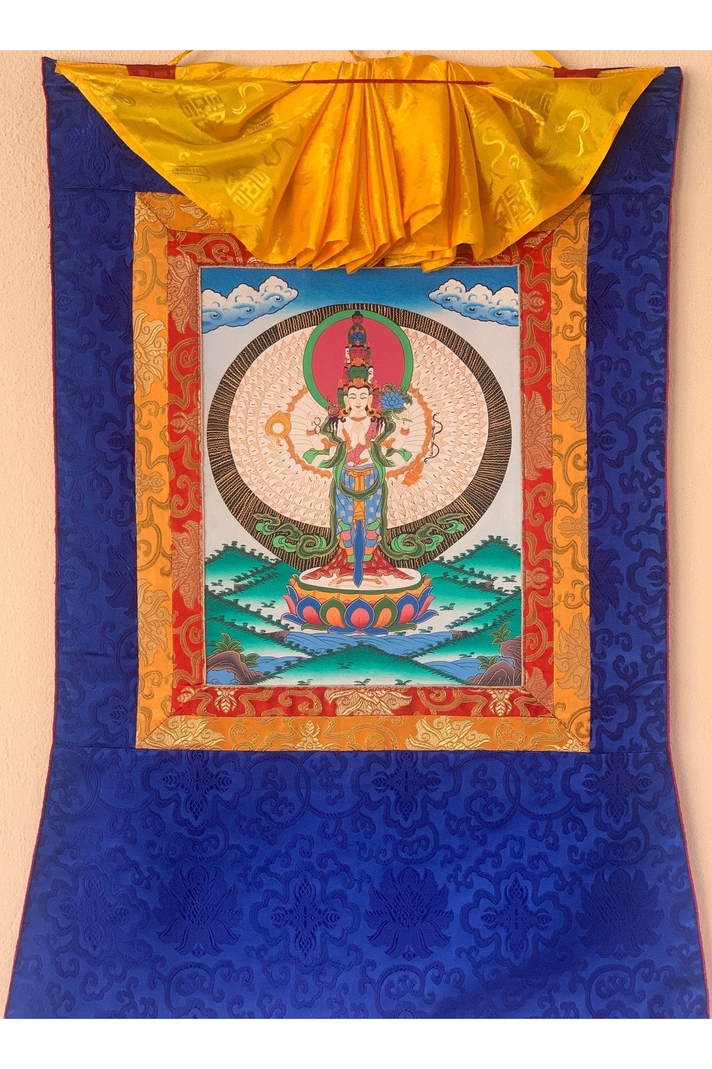 1000 Armed Avalokitesvara, Chyangresi, Chenrezig, Tibetan Thangka Painting, Original Art, with Silk Frame - Tibetan Thangka Art