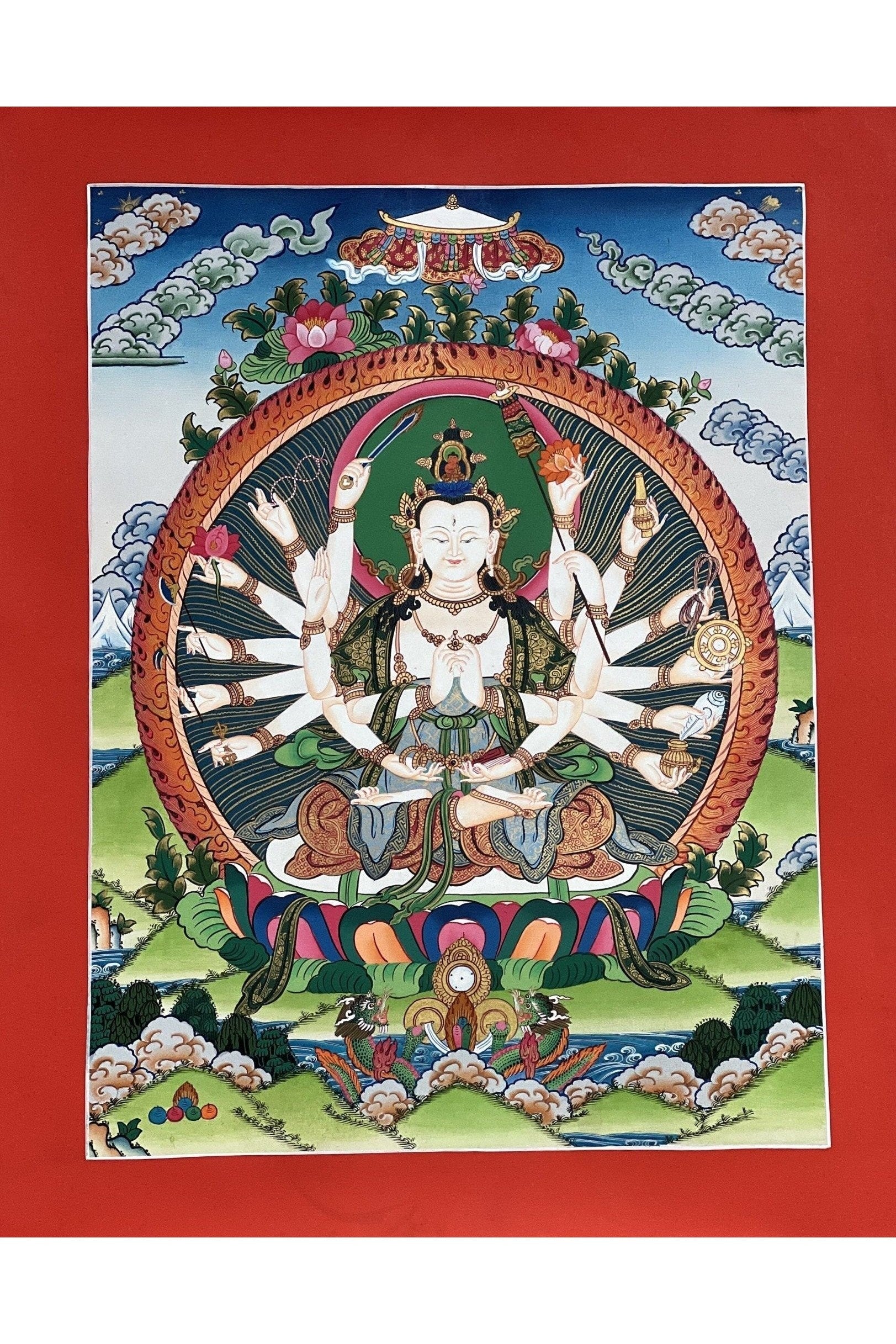 18 Armed Mother Goddess Chandi/Chundi/Cundi Master Quality Tibetan Thangka Painting/ Original Hand Painting /Chundi Tantra Art from Nepal - Tibetan Thangka Art