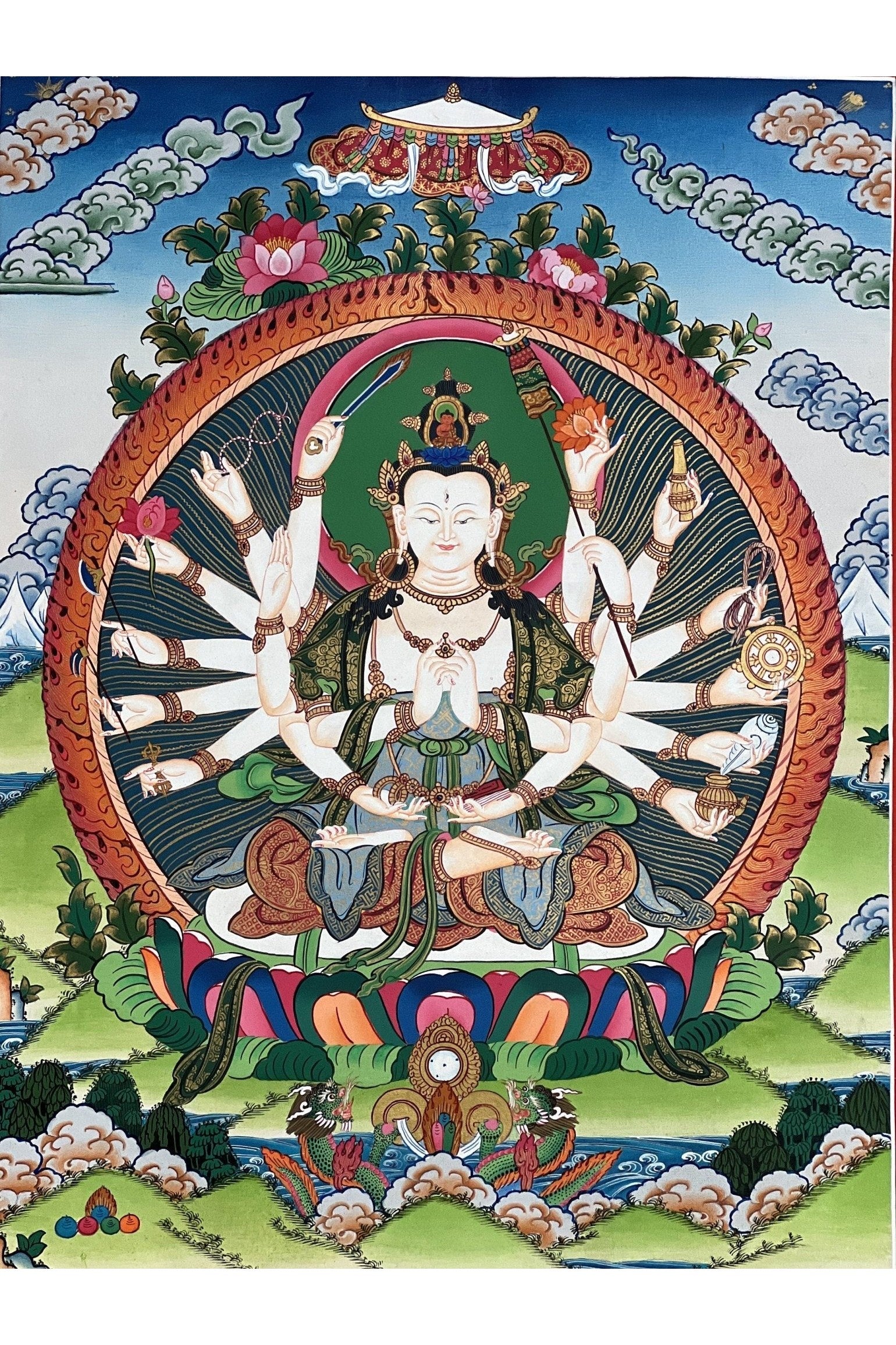 18 Armed Mother Goddess Chandi/Chundi/Cundi Master Quality Tibetan Thangka Painting/ Original Hand Painting /Chundi Tantra Art from Nepal - Tibetan Thangka Art