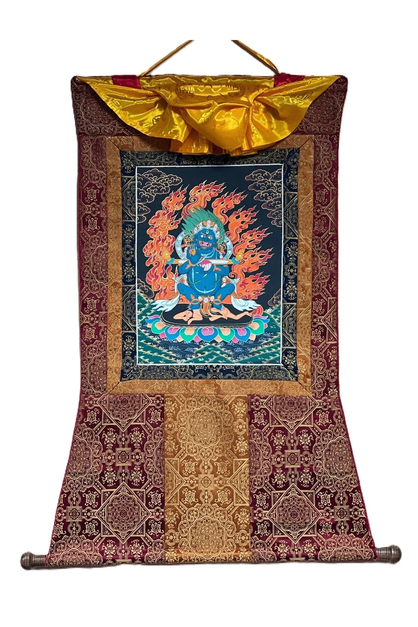 2 Armed Mahakala/ Mahankala / Kalavairava Masterpiece Tibetan Thangka Painting Original Art with Silk Frame ( Brocade) - Tibetan Thangka Art