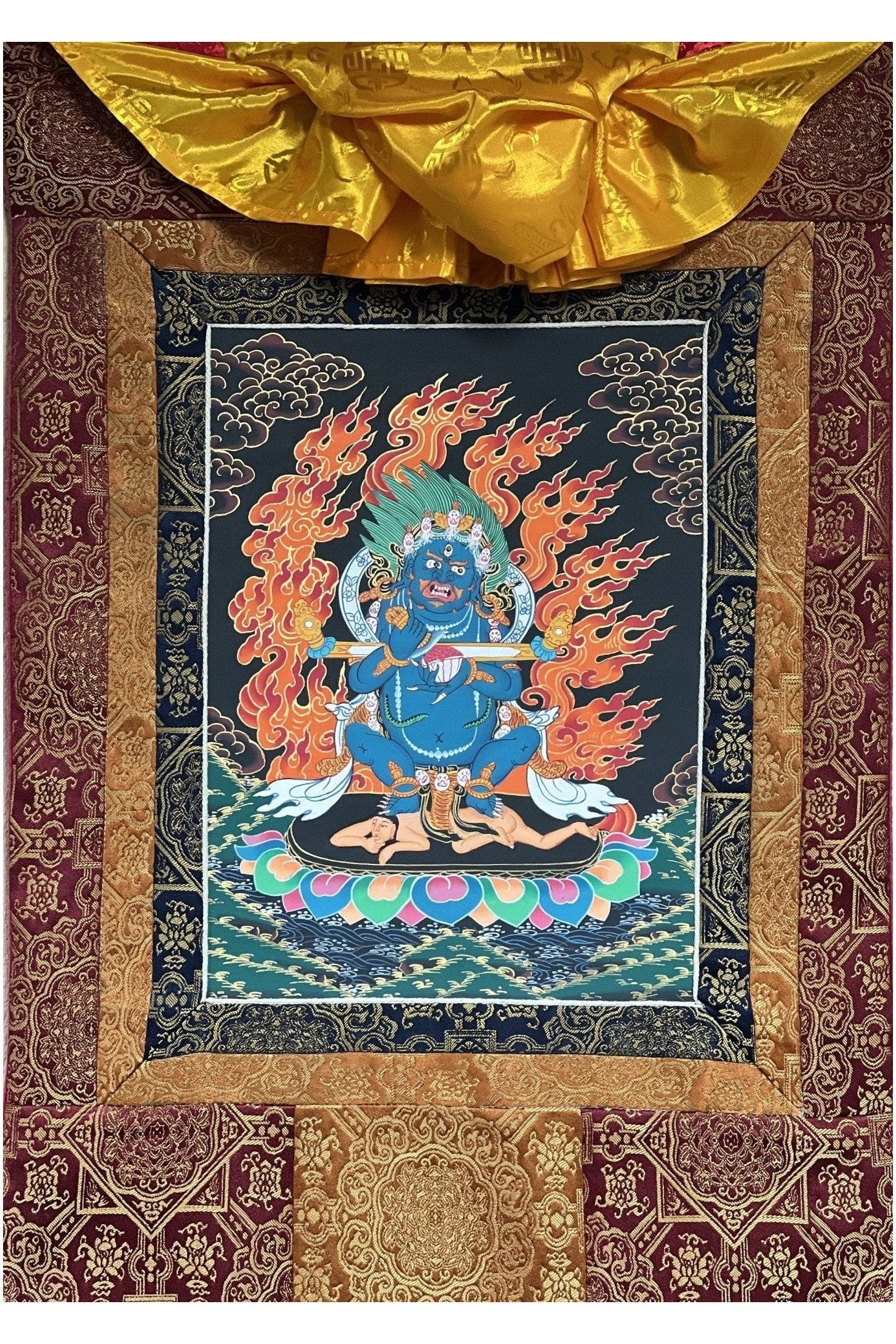 2 Armed Mahakala/ Mahankala / Kalavairava Masterpiece Tibetan Thangka Painting Original Art with Silk Frame ( Brocade) - Tibetan Thangka Art