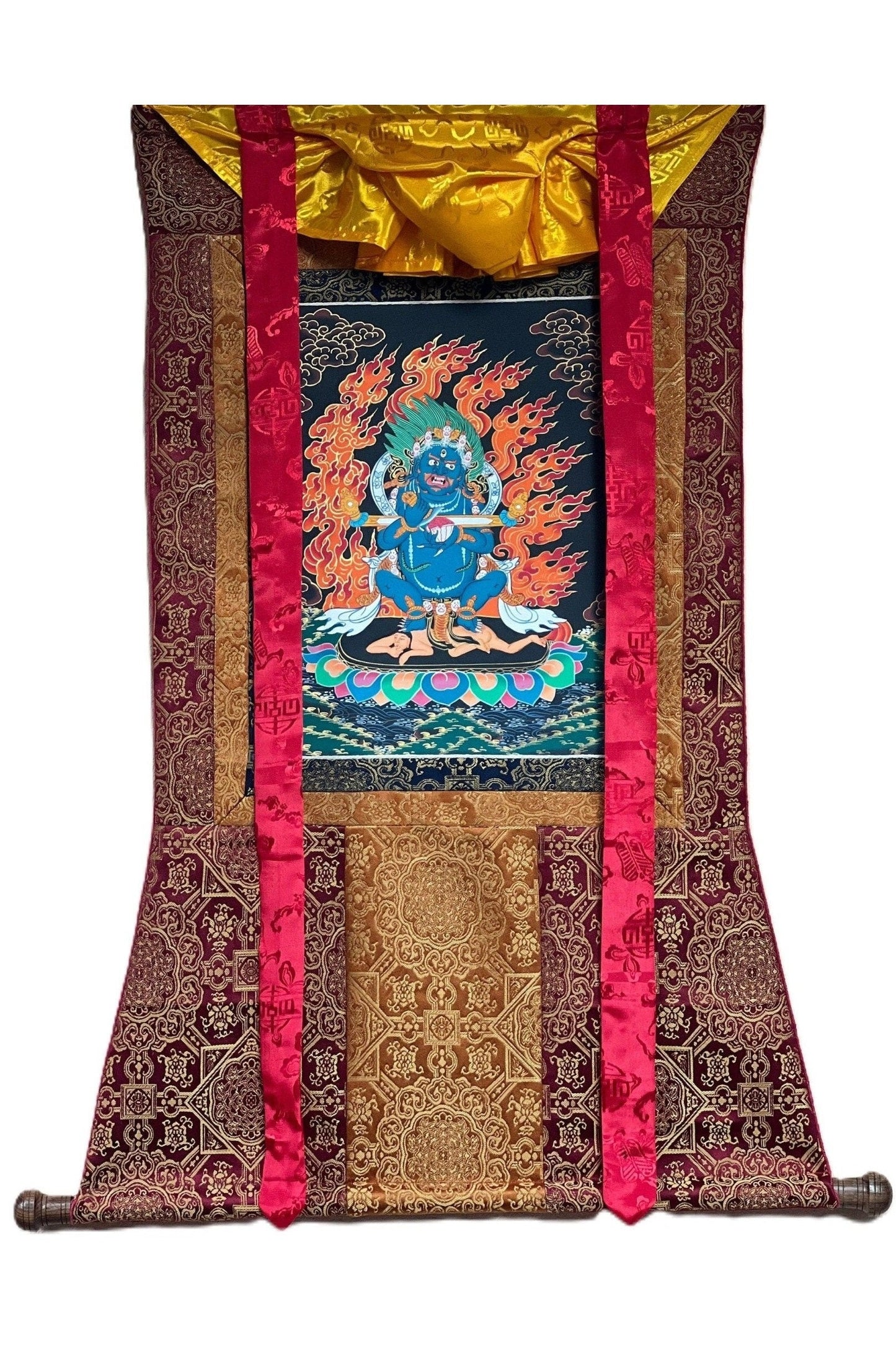 2 Armed Mahakala/ Mahankala / Kalavairava Masterpiece Tibetan Thangka Painting Original Art with Silk Frame ( Brocade) - Tibetan Thangka Art