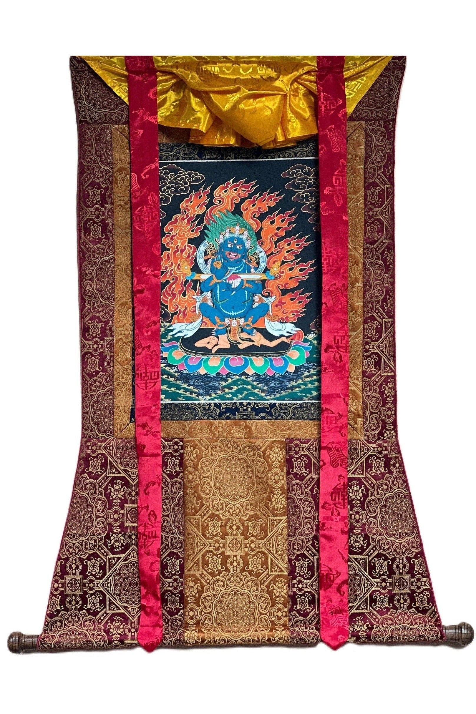 2 Armed Mahakala/ Mahankala / Kalavairava Masterpiece Tibetan Thangka Painting Original Art with Silk Frame ( Brocade) - Tibetan Thangka Art