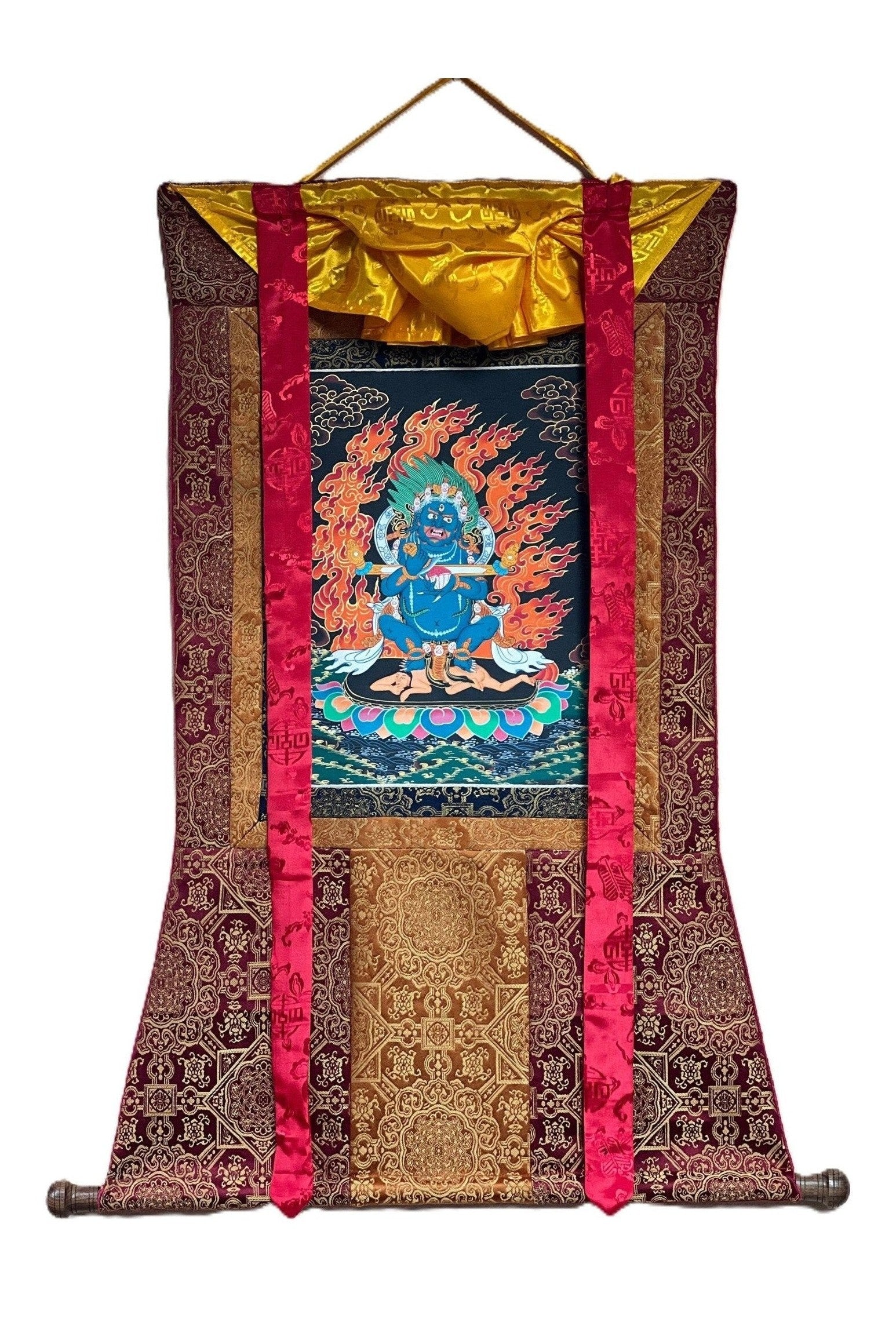 2 Armed Mahakala/ Mahankala / Kalavairava Masterpiece Tibetan Thangka Painting Original Art with Silk Frame ( Brocade) - Tibetan Thangka Art