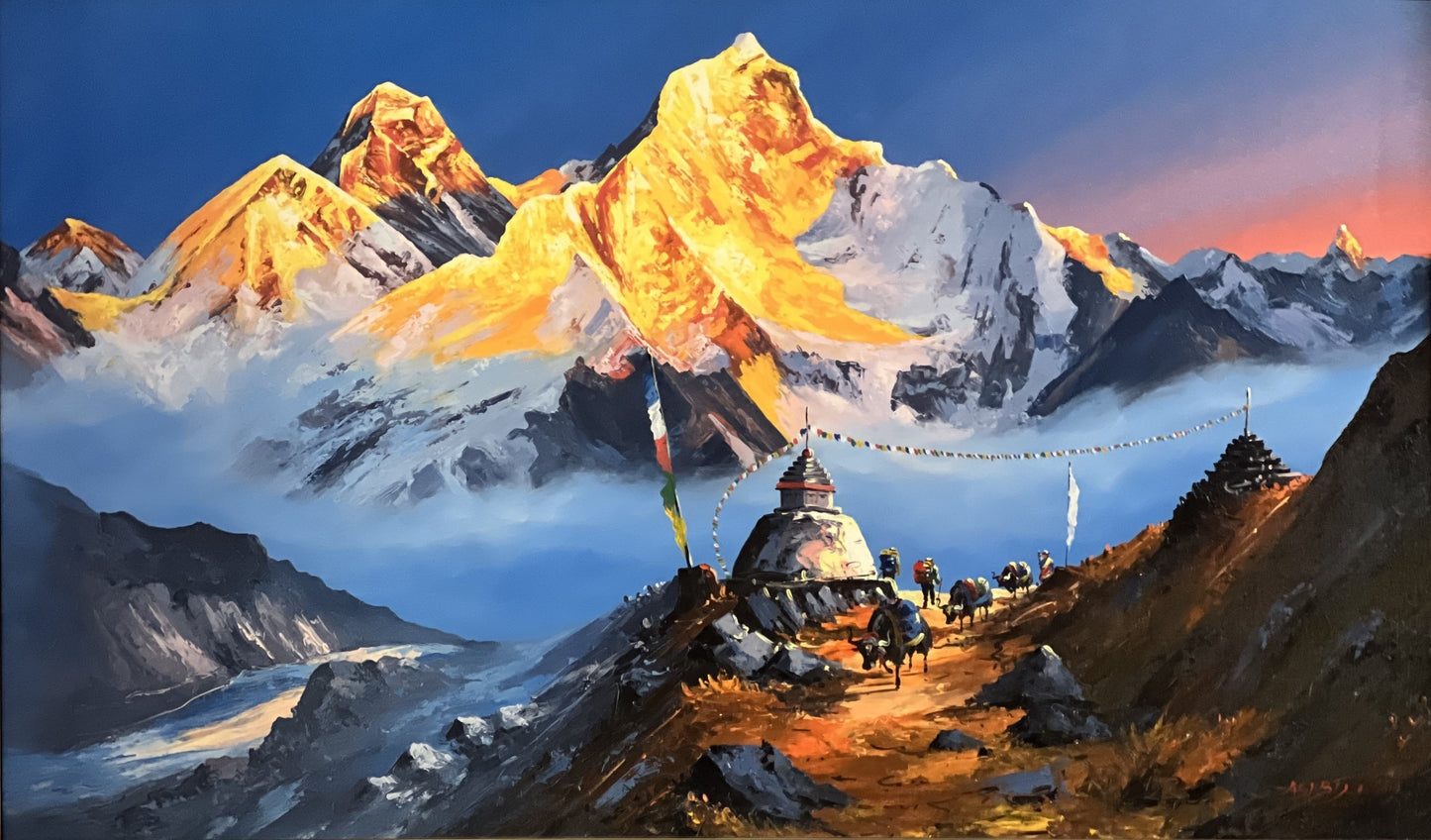 Majestic Mount Everest: The Highest Peak in the World/ Sunrise View from Gokyo Lake/ Acrylic Painting on Canvas 3 x 6 Feet