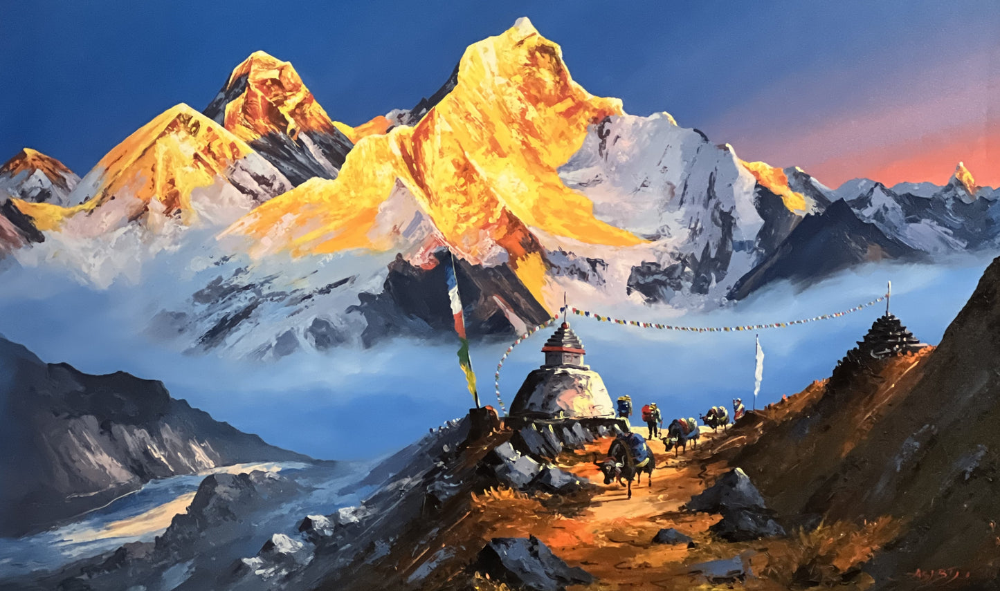 Majestic Mount Everest: The Highest Peak in the World/ Sunrise View from Gokyo Lake/ Acrylic Painting on Canvas 3 x 6 Feet