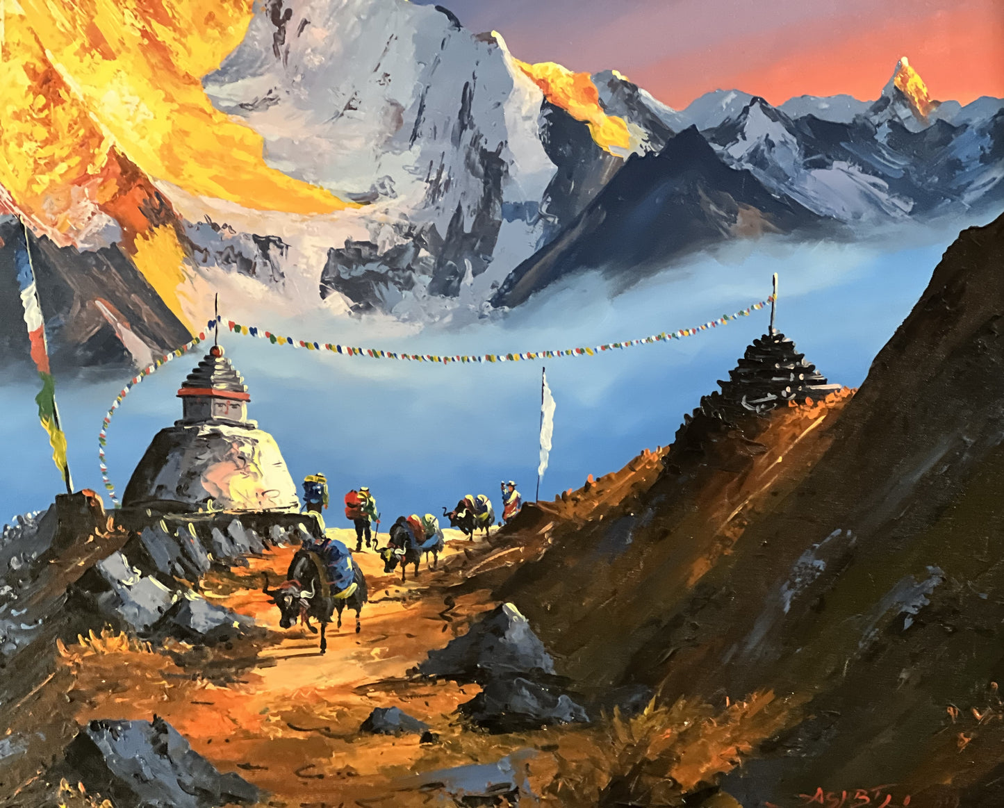 Majestic Mount Everest: The Highest Peak in the World/ Sunrise View from Gokyo Lake/ Acrylic Painting on Canvas 3 x 6 Feet