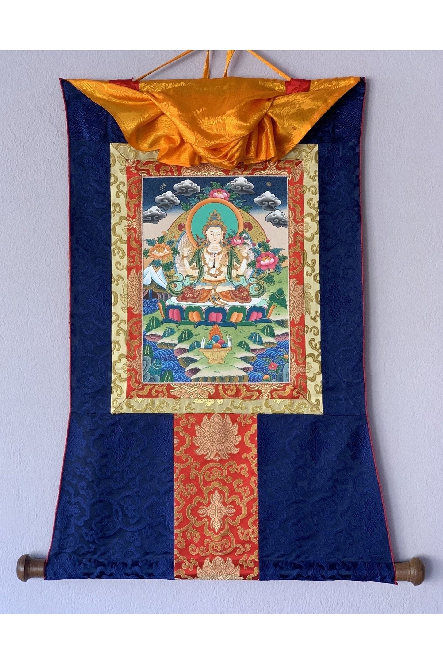 4 Armed Avalokiteshvara, Chyangresi, Chenrezig, Original Hand Painted Tibetan Thangka Meditation Art with Silk Brocade - Tibetan Thangka Art