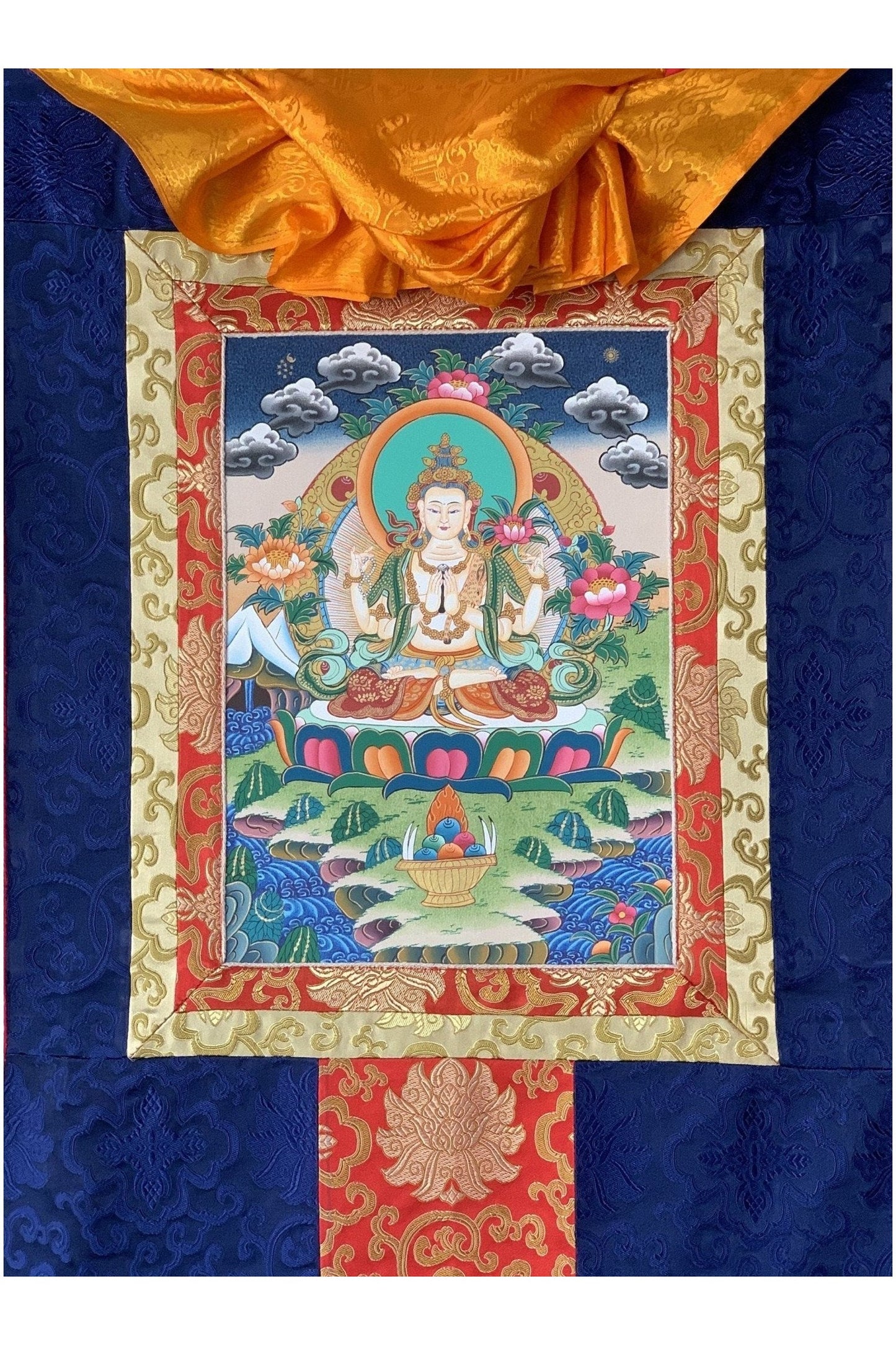 4 Armed Avalokiteshvara, Chyangresi, Chenrezig, Original Hand Painted Tibetan Thangka Meditation Art with Silk Brocade - Tibetan Thangka Art