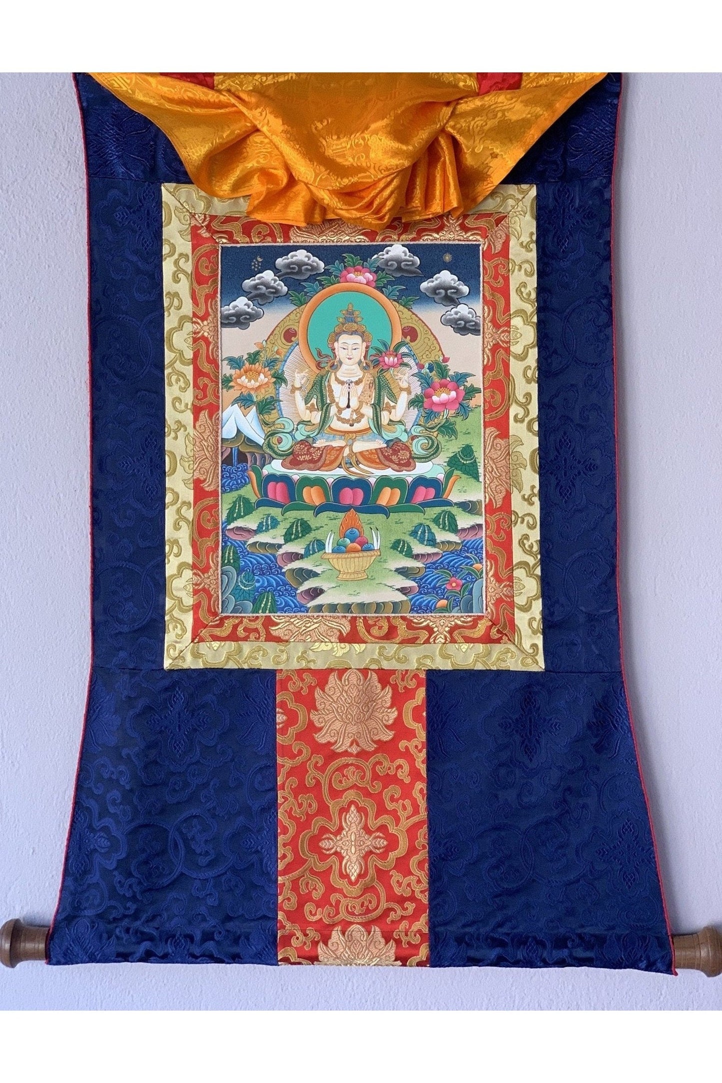 4 Armed Avalokiteshvara, Chyangresi, Chenrezig, Original Hand Painted Tibetan Thangka Meditation Art with Silk Brocade - Tibetan Thangka Art