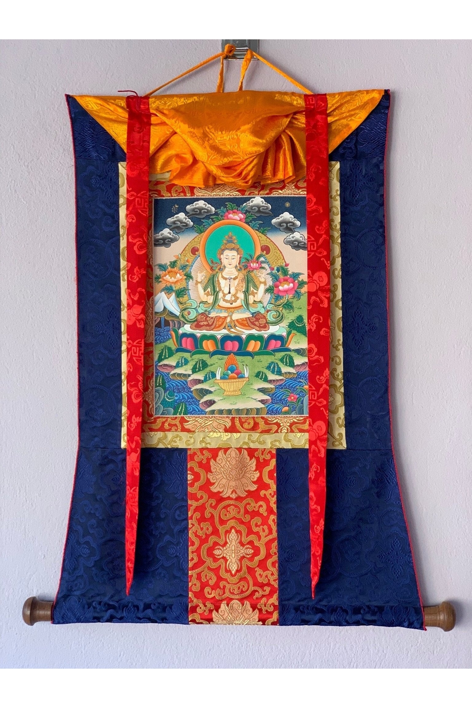 4 Armed Avalokiteshvara, Chyangresi, Chenrezig, Original Hand Painted Tibetan Thangka Meditation Art with Silk Brocade - Tibetan Thangka Art