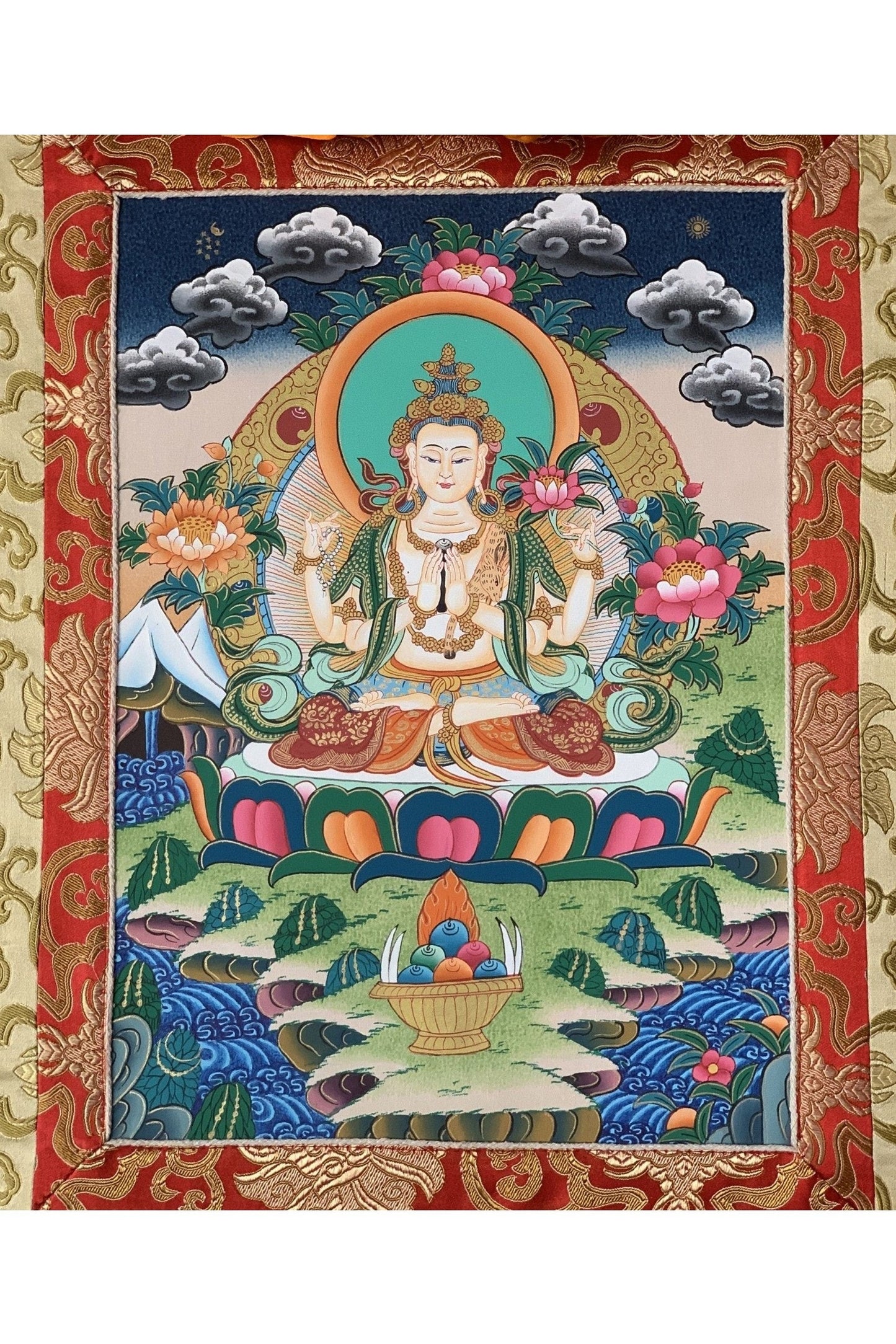 4 Armed Avalokiteshvara, Chyangresi, Chenrezig, Original Hand Painted Tibetan Thangka Meditation Art with Silk Brocade - Tibetan Thangka Art