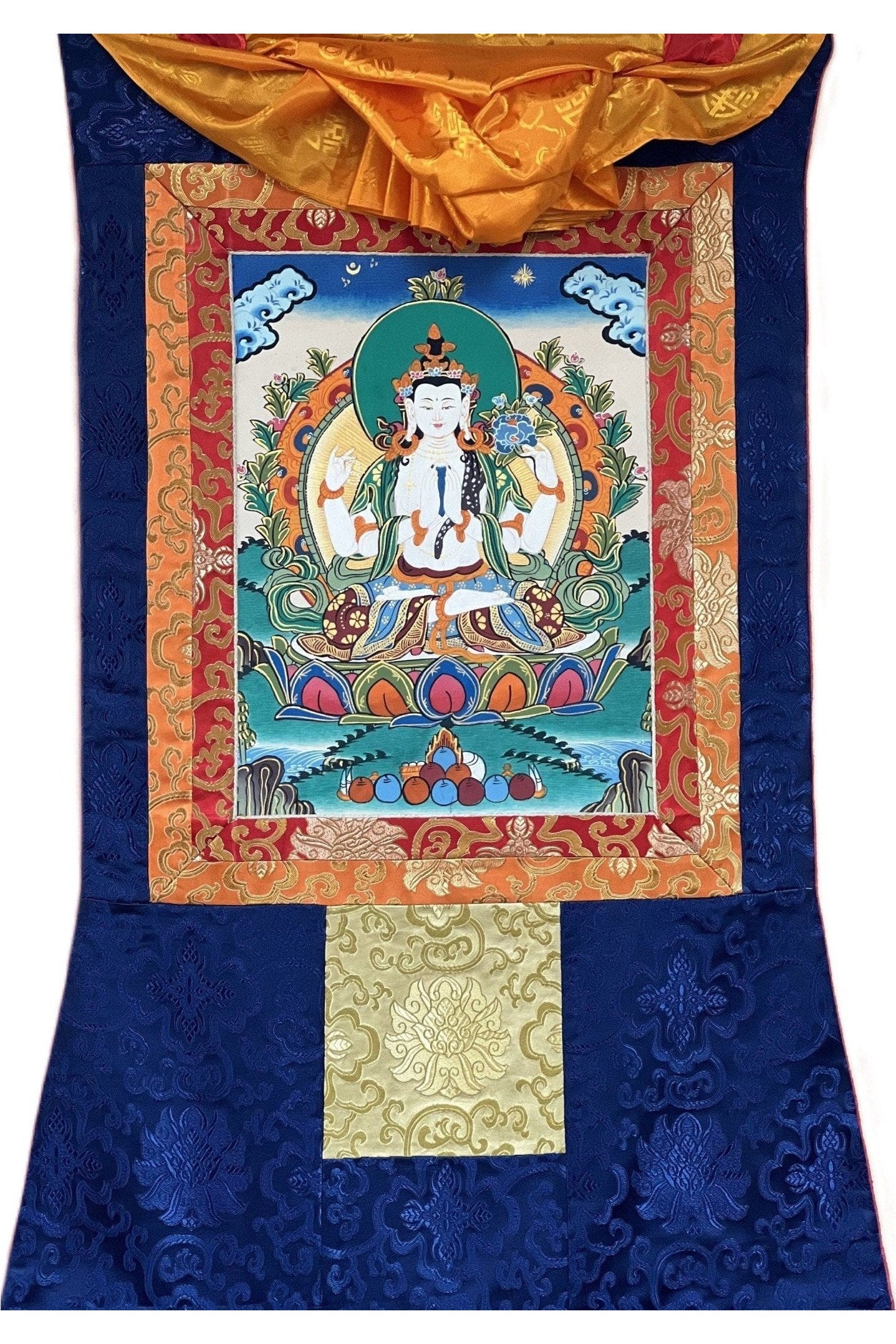 4 Armed Avalokiteshvara, Chyangresi, Chenrezig, Original Tibetan Thangka Painting/Hand Painting with Silk Brocade - Tibetan Thangka Art