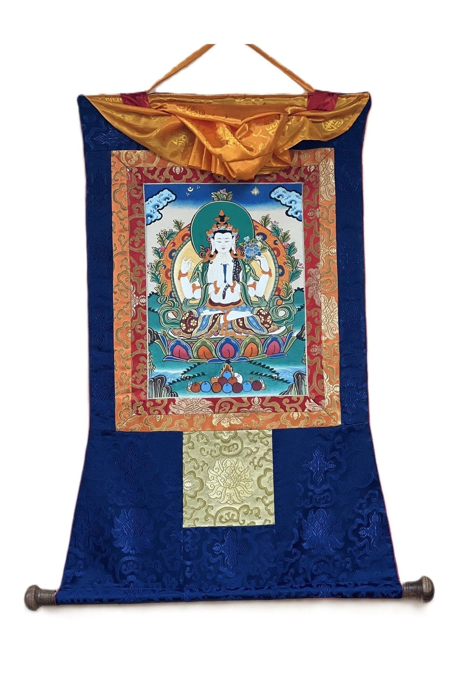 4 Armed Avalokiteshvara, Chyangresi, Chenrezig, Original Tibetan Thangka Painting/Hand Painting with Silk Brocade - Tibetan Thangka Art