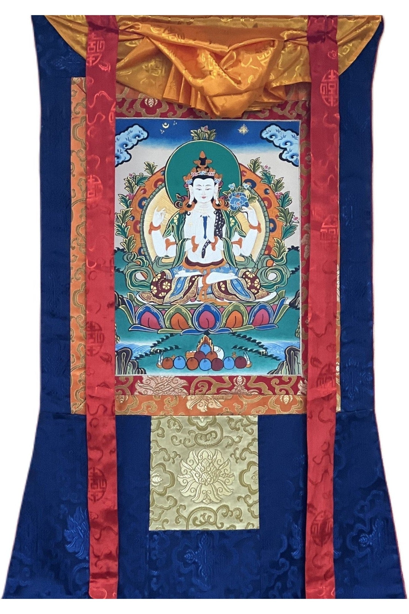 4 Armed Avalokiteshvara, Chyangresi, Chenrezig, Original Tibetan Thangka Painting/Hand Painting with Silk Brocade - Tibetan Thangka Art