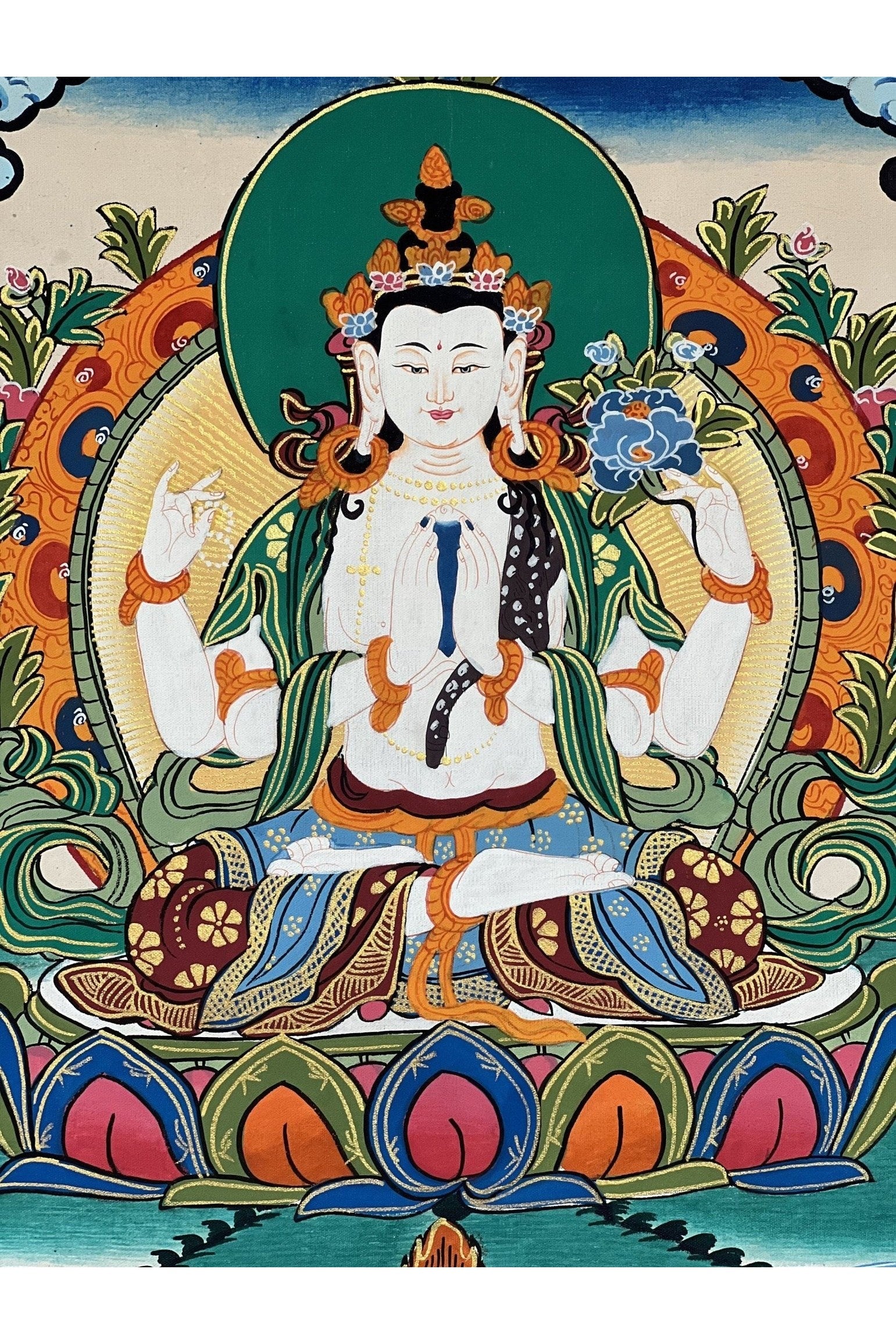 4 Armed Avalokiteshvara, Chyangresi, Chenrezig, Original Tibetan Thangka Painting/Hand Painting with Silk Brocade - Tibetan Thangka Art