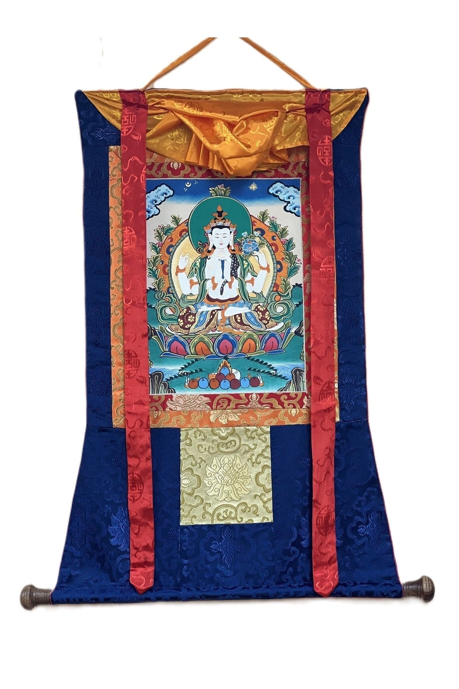 4 Armed Avalokiteshvara, Chyangresi, Chenrezig, Original Tibetan Thangka Painting/Hand Painting with Silk Brocade - Tibetan Thangka Art