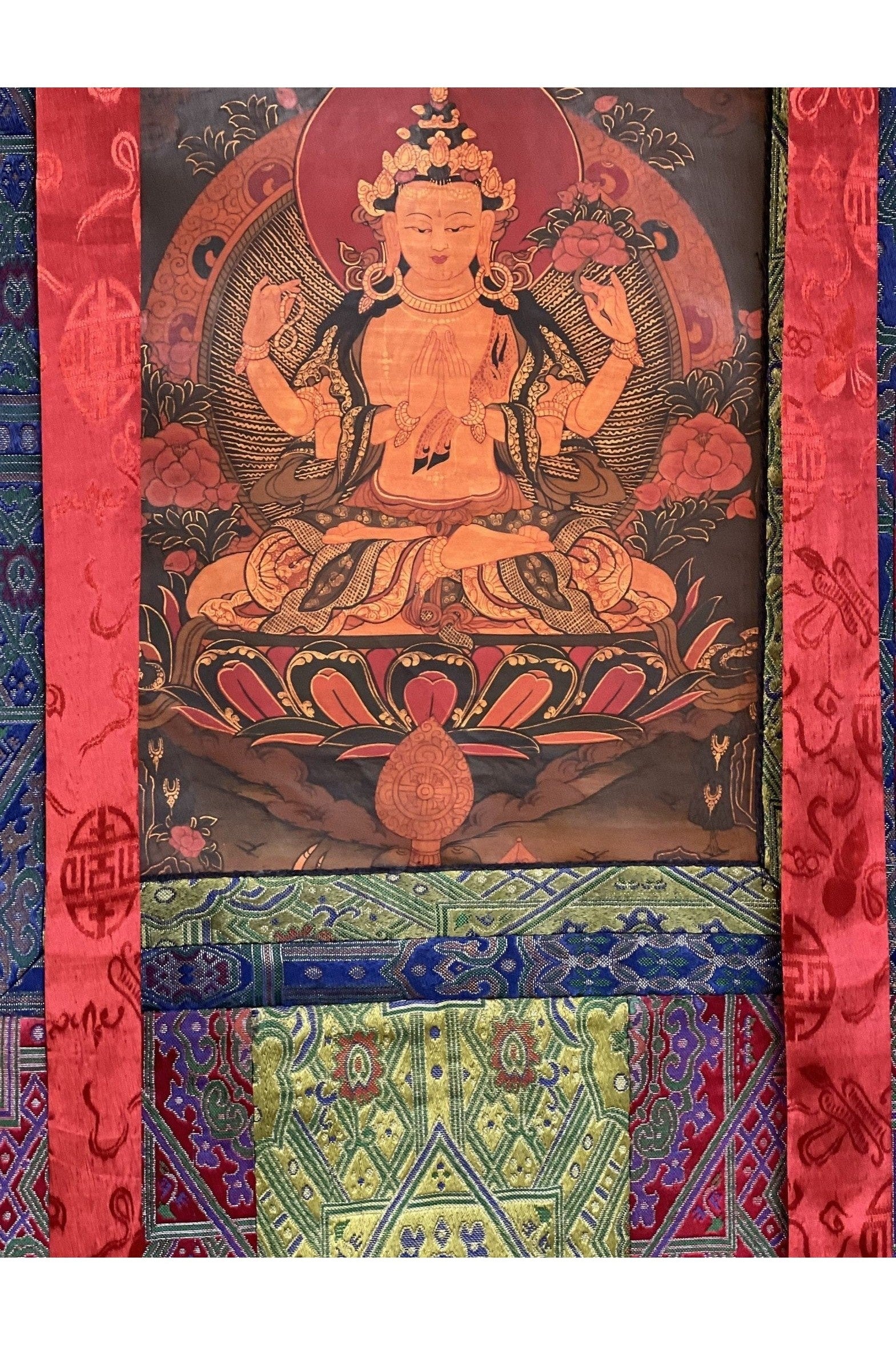 4 - Armed Avalokiteshvara/Chenrezig Old - Oil Varnished Tibetan Thangka Painting/ Original hand - painted Buddhist art with Silk Brocade - Tibetan Thangka Art