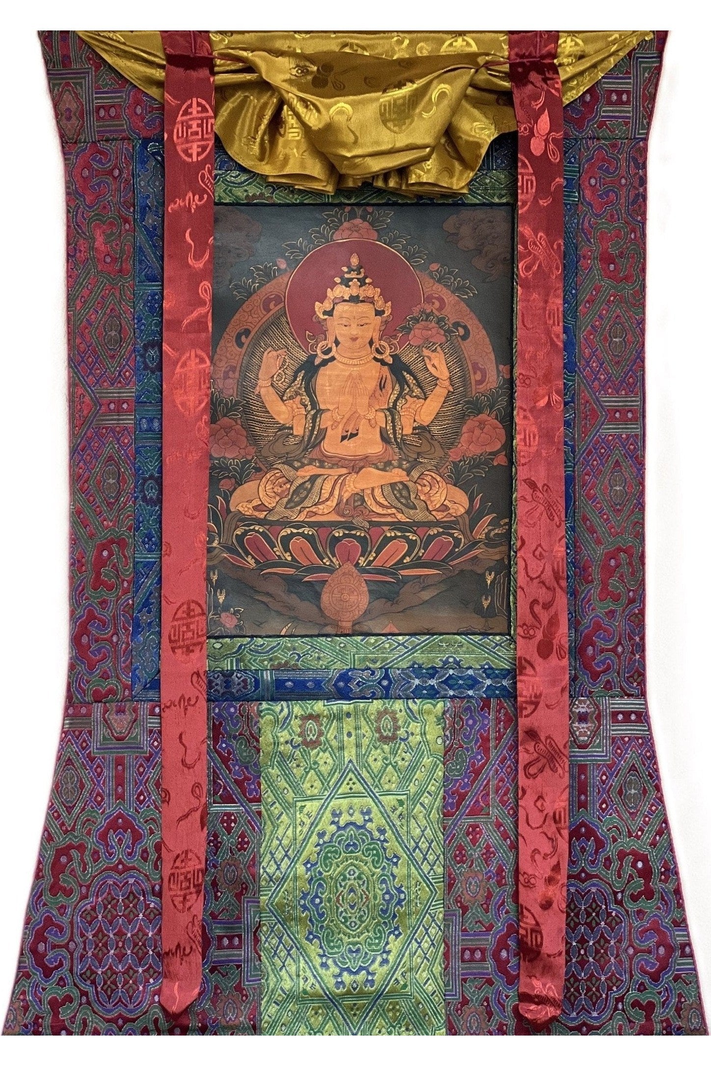 4 - Armed Avalokiteshvara/Chenrezig Old - Oil Varnished Tibetan Thangka Painting/ Original hand - painted Buddhist art with Silk Brocade - Tibetan Thangka Art