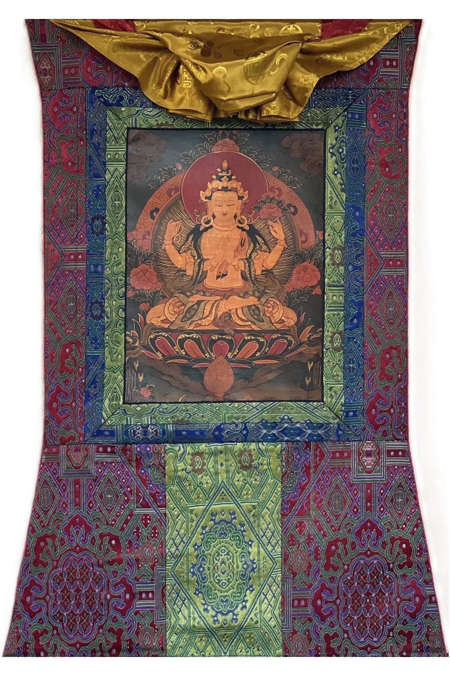 4 - Armed Avalokiteshvara/Chenrezig Old - Oil Varnished Tibetan Thangka Painting/ Original hand - painted Buddhist art with Silk Brocade - Tibetan Thangka Art