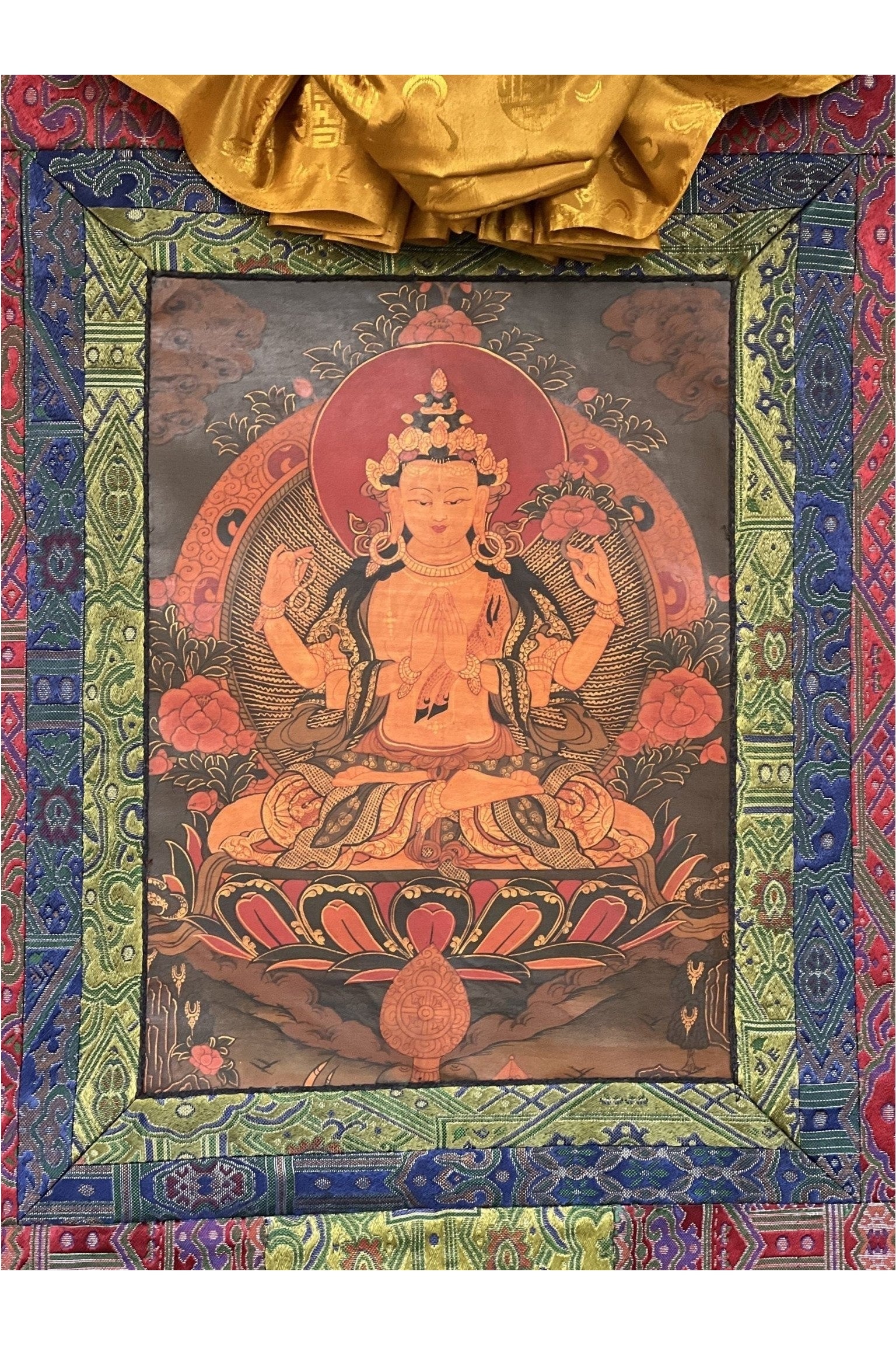 4 - Armed Avalokiteshvara/Chenrezig Old - Oil Varnished Tibetan Thangka Painting/ Original hand - painted Buddhist art with Silk Brocade - Tibetan Thangka Art