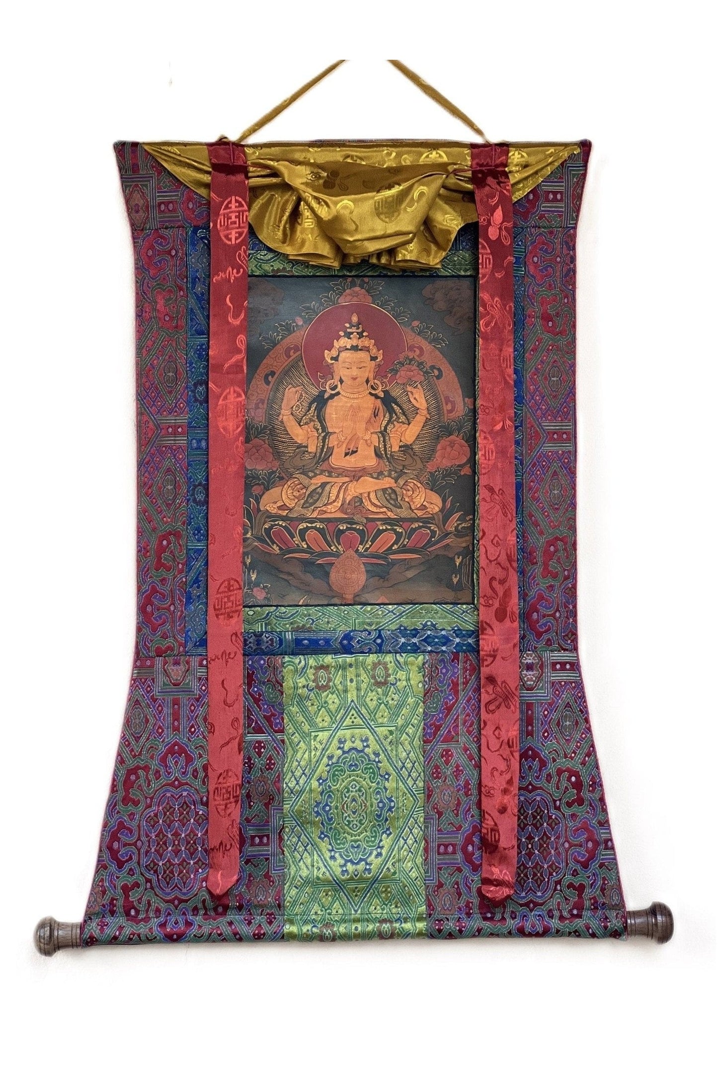 4 - Armed Avalokiteshvara/Chenrezig Old - Oil Varnished Tibetan Thangka Painting/ Original hand - painted Buddhist art with Silk Brocade - Tibetan Thangka Art