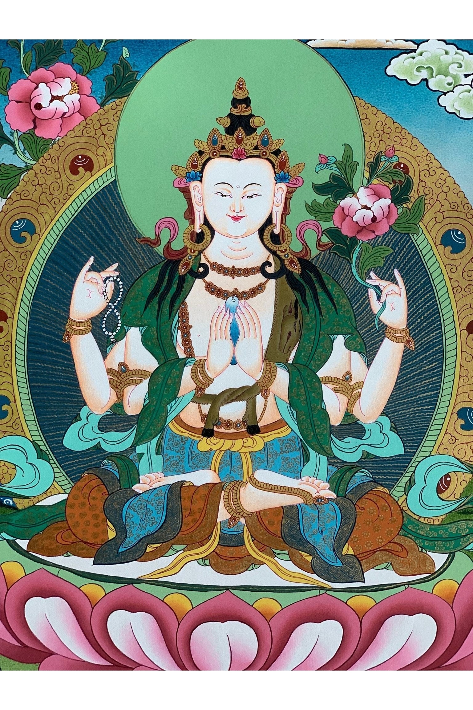 4 - Armed, Chyangresi, Chenrezig, Avalokiteshvara, Bodhisattva, Master Quality, Tibetan Thangka Painting, Original Art 18 x 24 Inch - Tibetan Thangka Art