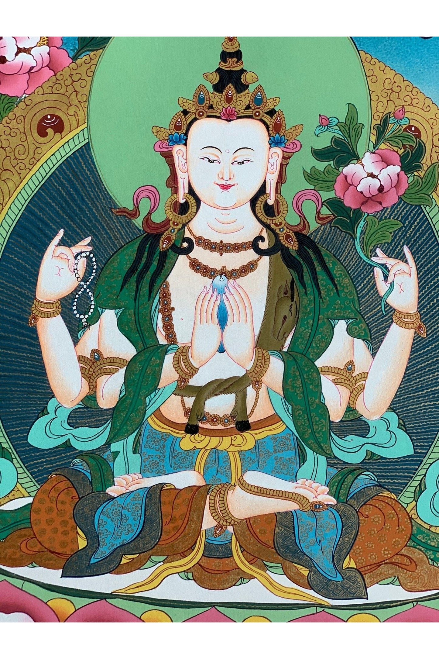 4 - Armed, Chyangresi, Chenrezig, Avalokiteshvara, Bodhisattva, Master Quality, Tibetan Thangka Painting, Original Art 18 x 24 Inch - Tibetan Thangka Art