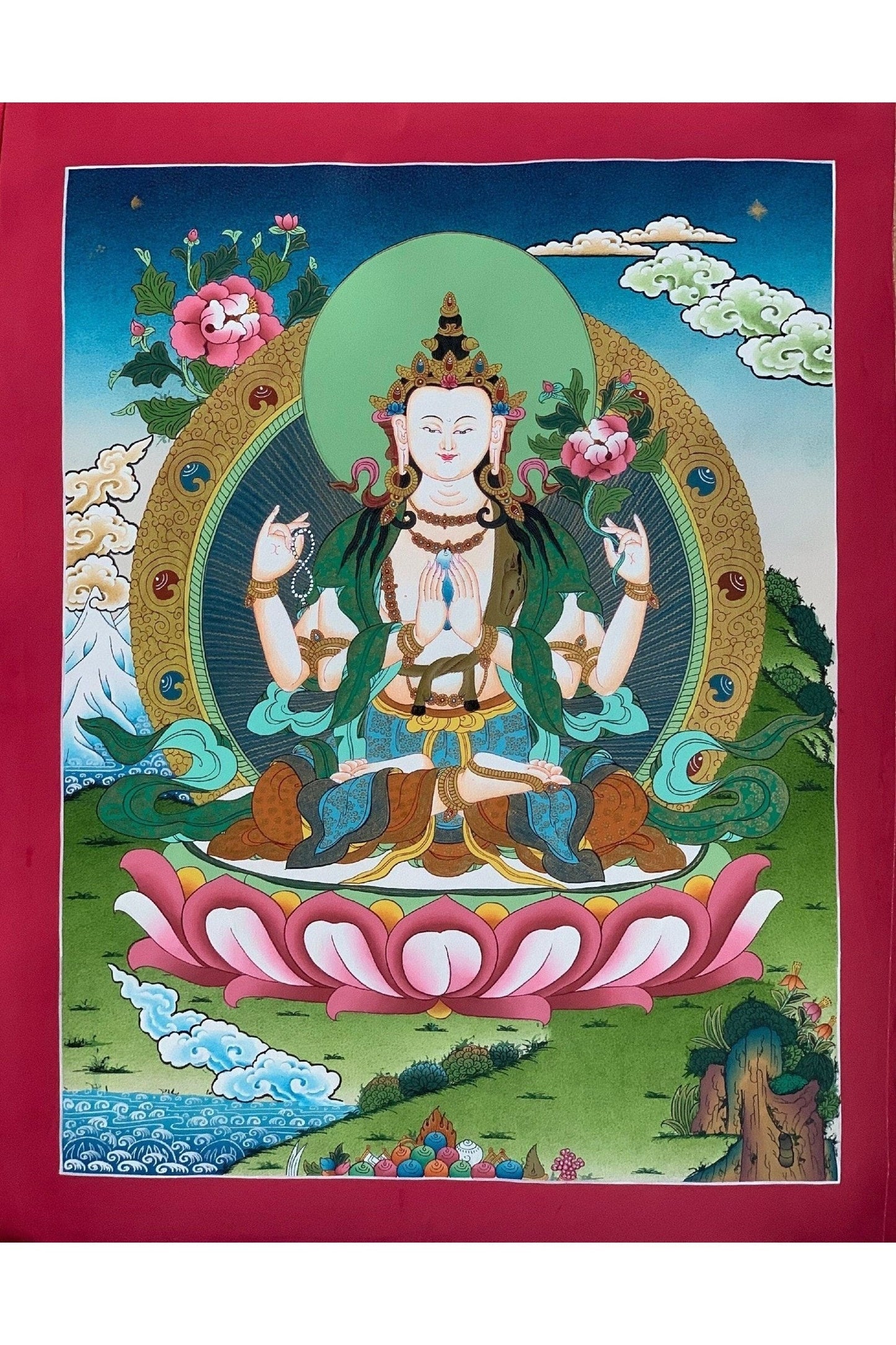 4 - Armed, Chyangresi, Chenrezig, Avalokiteshvara, Bodhisattva, Master Quality, Tibetan Thangka Painting, Original Art 18 x 24 Inch - Tibetan Thangka Art