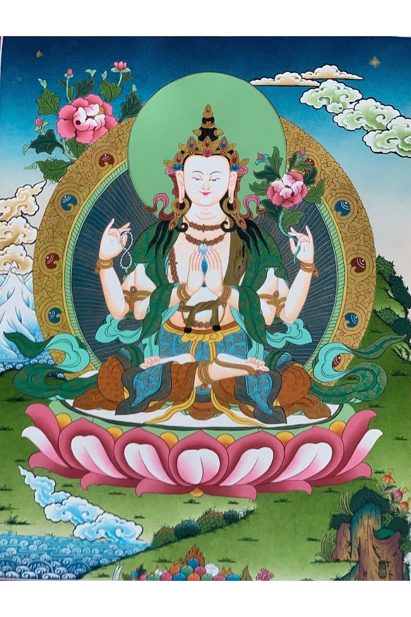 4 - Armed, Chyangresi, Chenrezig, Avalokiteshvara, Bodhisattva, Master Quality, Tibetan Thangka Painting, Original Art 18 x 24 Inch - Tibetan Thangka Art