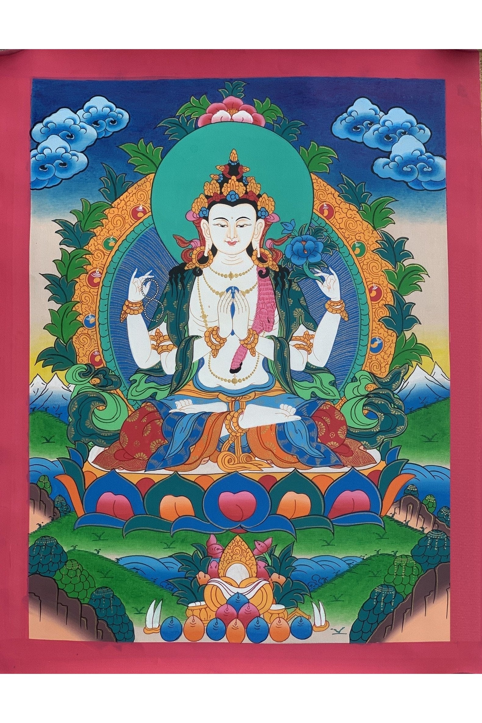 4 - Armed, Chyangresi, Chenrezig, Avalokiteshvara, Fine Quality, Tibetan Thangka Painting, Original Hand Painting 15 x 20 Inch - Tibetan Thangka Art