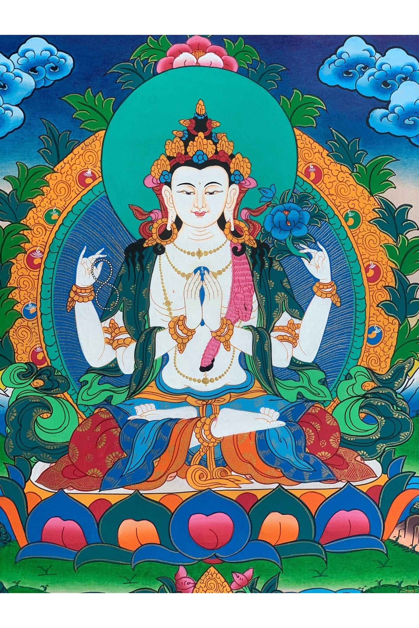 4 - Armed, Chyangresi, Chenrezig, Avalokiteshvara, Fine Quality, Tibetan Thangka Painting, Original Hand Painting 15 x 20 Inch - Tibetan Thangka Art