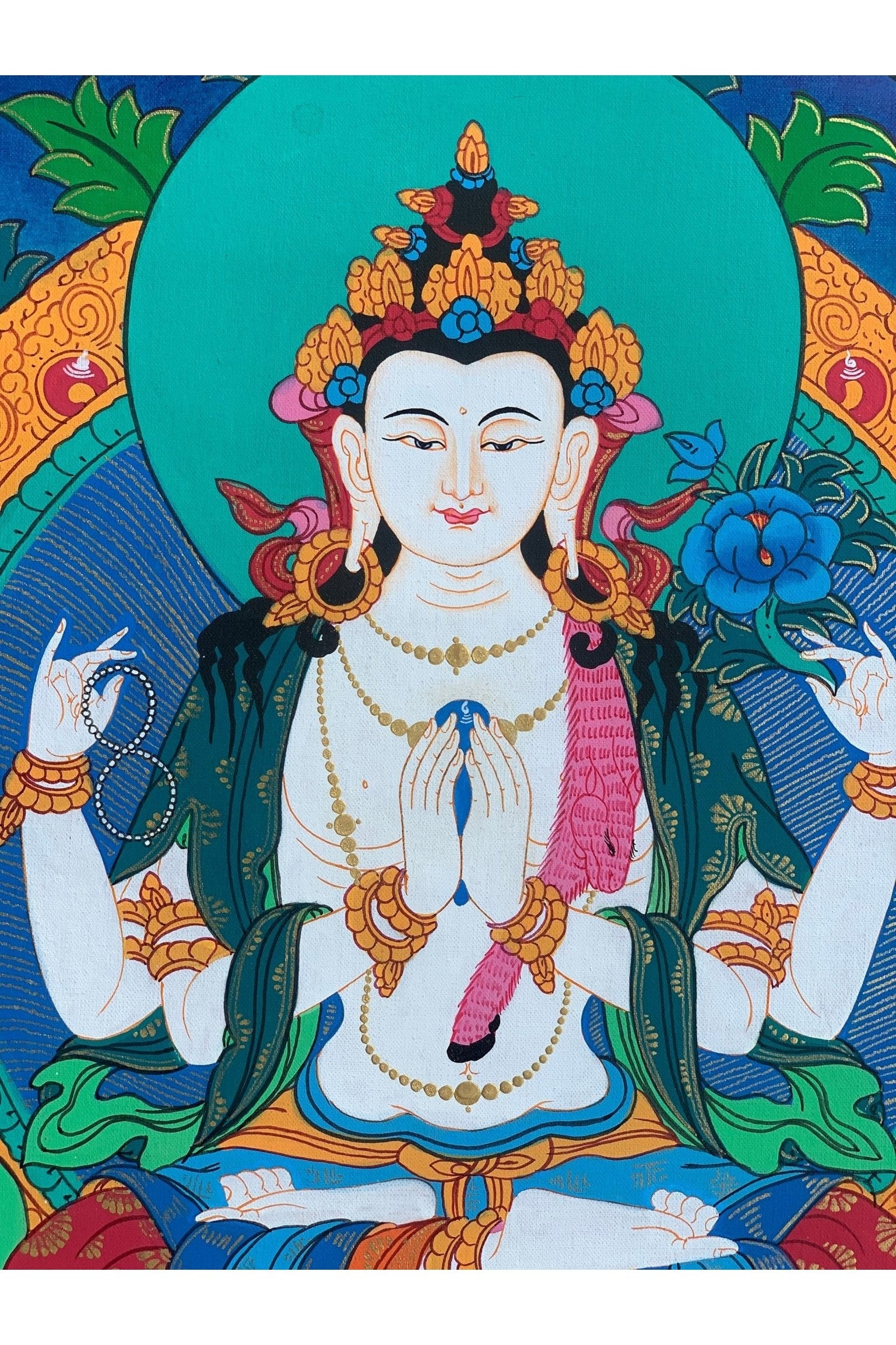 4 - Armed, Chyangresi, Chenrezig, Avalokiteshvara, Fine Quality, Tibetan Thangka Painting, Original Hand Painting 15 x 20 Inch - Tibetan Thangka Art