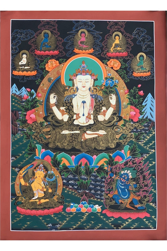 4 - Armed Chyangresi Chenrezig Avalokiteshvara Master Quality Original Tibetan Thangka Painting Compassion Meditation Art 21 x 27 Inch - Tibetan Thangka Art