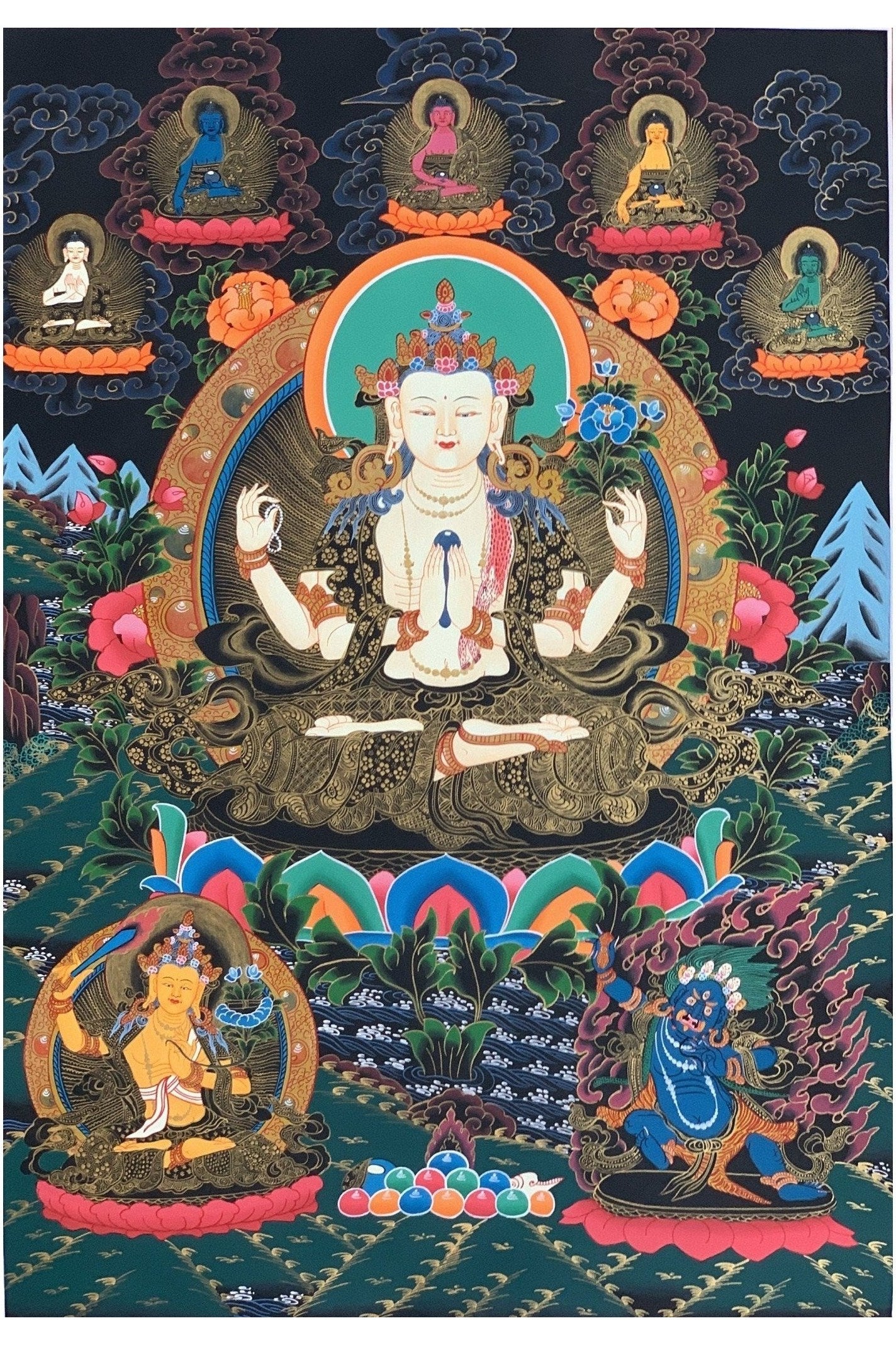 4 - Armed Chyangresi Chenrezig Avalokiteshvara Master Quality Original Tibetan Thangka Painting Compassion Meditation Art 21 x 27 Inch - Tibetan Thangka Art