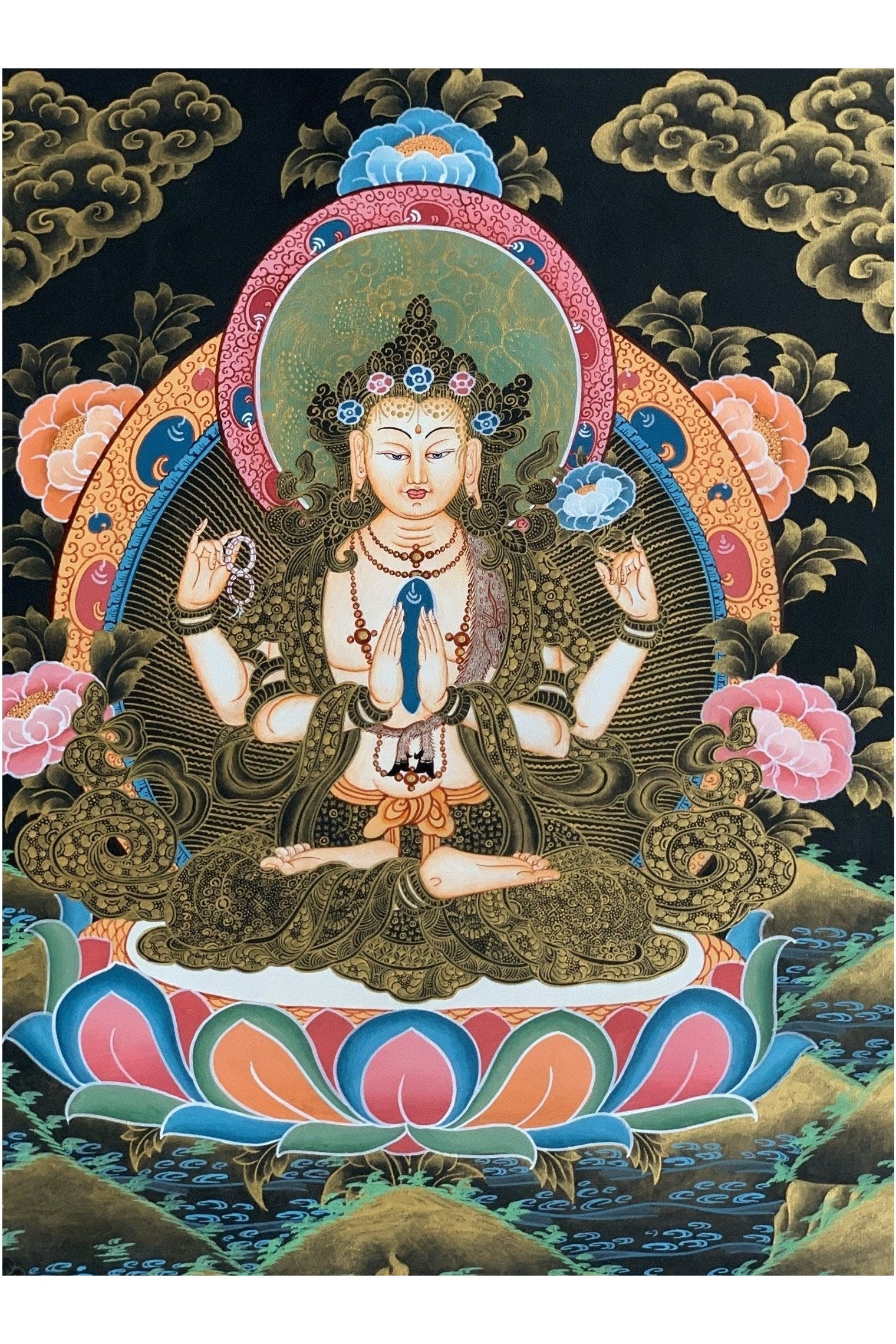 4 Armed, Chyangresi, Chenrezig, Avalokiteshvara, Master Quality, Tibetan Thangka Painting, Original Hand painted Art 13 x 18 Inches - Tibetan Thangka Art