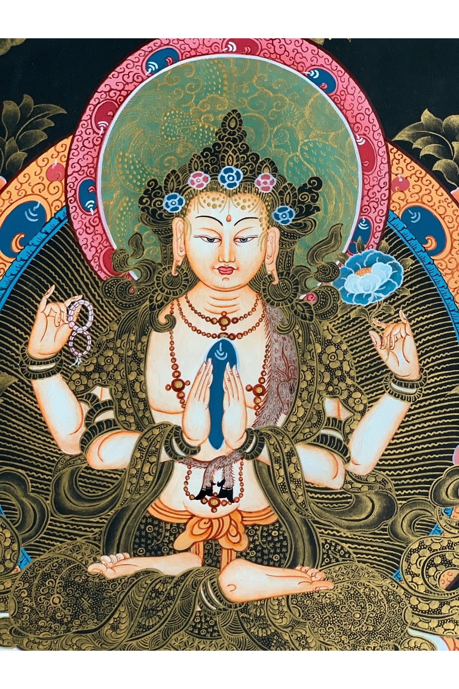 4 Armed, Chyangresi, Chenrezig, Avalokiteshvara, Master Quality, Tibetan Thangka Painting, Original Hand painted Art 13 x 18 Inches - Tibetan Thangka Art