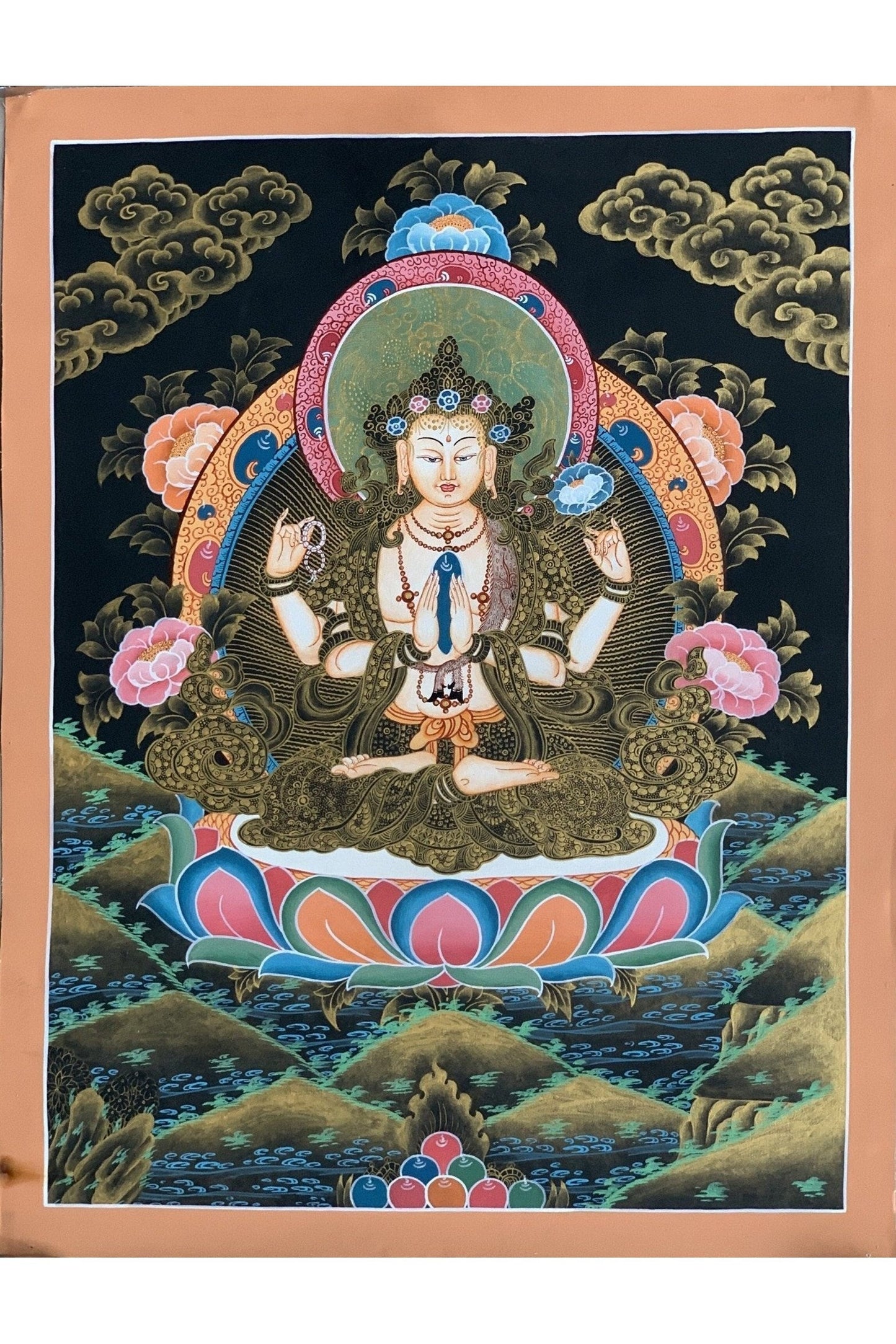 4 Armed, Chyangresi, Chenrezig, Avalokiteshvara, Master Quality, Tibetan Thangka Painting, Original Hand painted Art 13 x 18 Inches - Tibetan Thangka Art