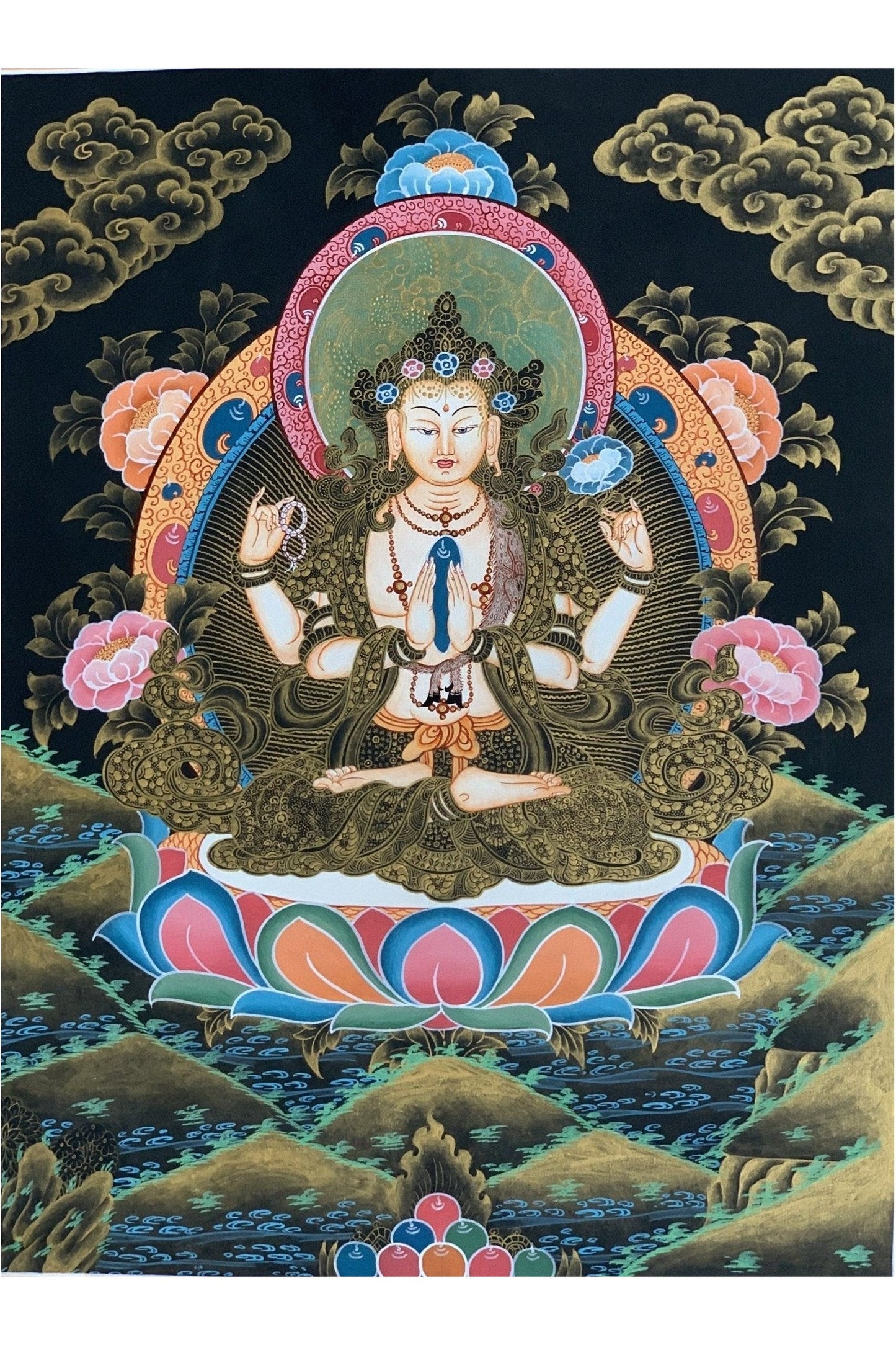 4 Armed, Chyangresi, Chenrezig, Avalokiteshvara, Master Quality, Tibetan Thangka Painting, Original Hand painted Art 13 x 18 Inches - Tibetan Thangka Art