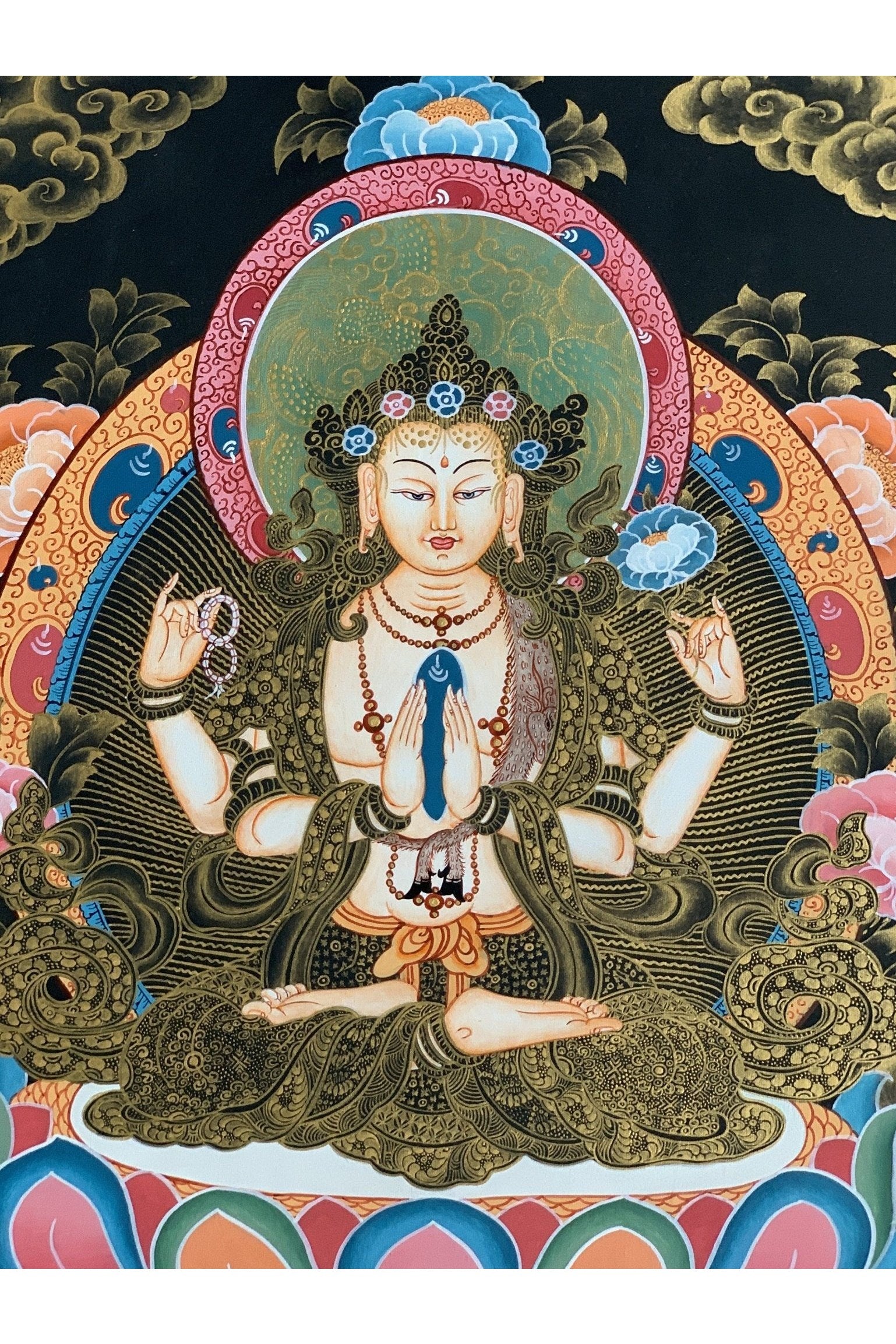 4 Armed, Chyangresi, Chenrezig, Avalokiteshvara, Master Quality, Tibetan Thangka Painting, Original Hand painted Art 13 x 18 Inches - Tibetan Thangka Art