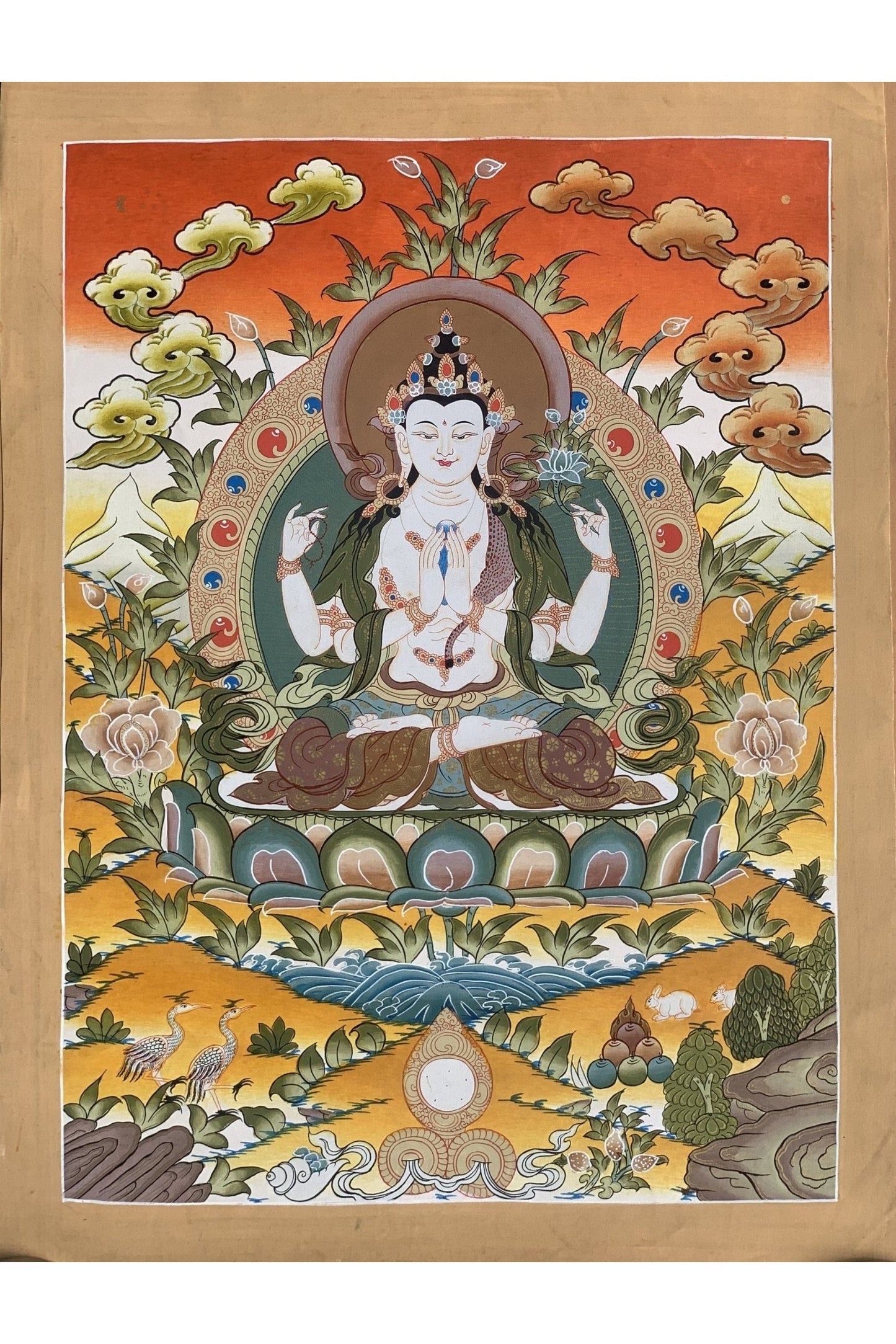 4 Armed Chyangresi/ Chenrezig/ Avalokiteshvara Master Quality Tibetan Thangka Painting, Original Hand Painting Art 16 x 22 Inch - Tibetan Thangka Art