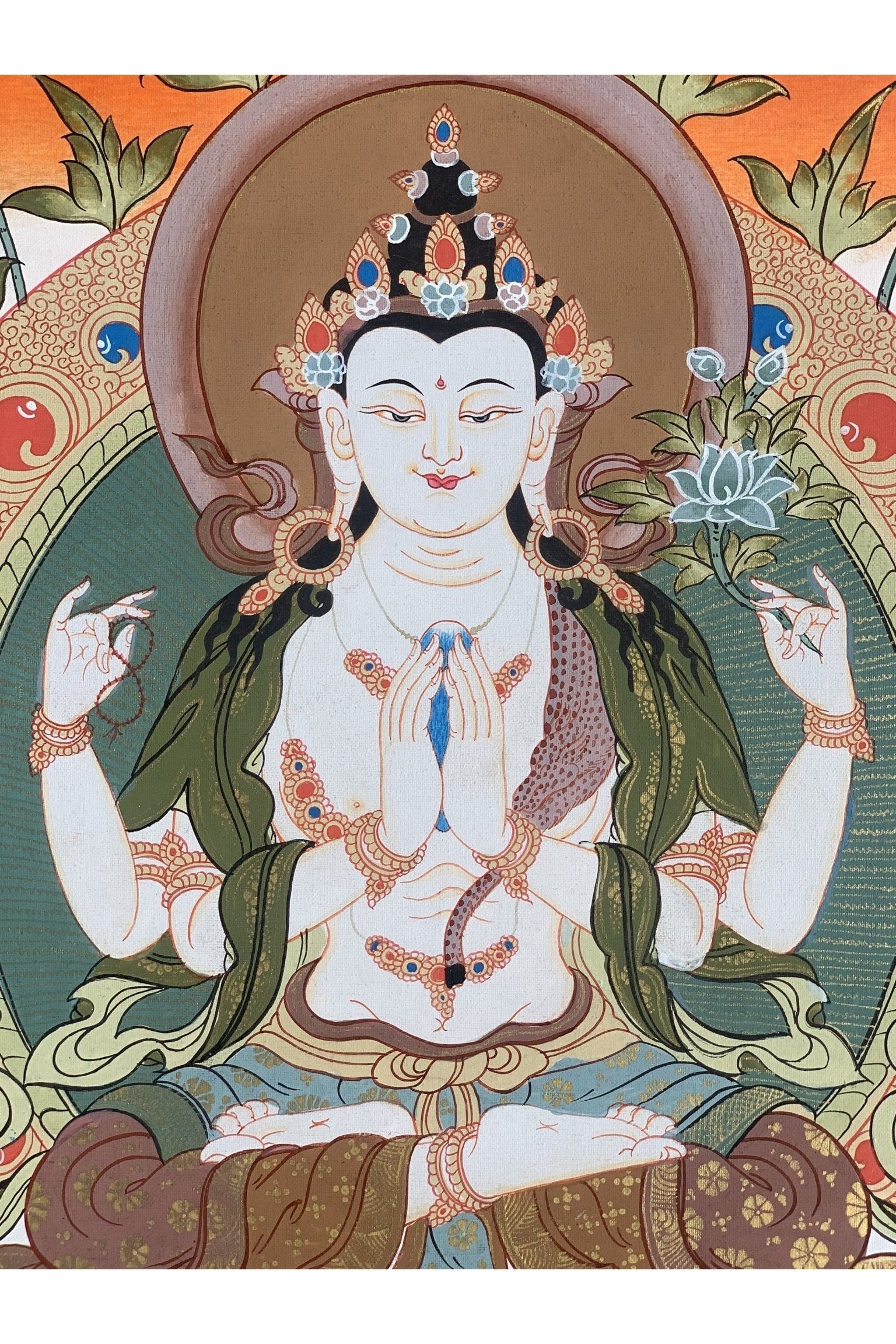 4 Armed Chyangresi/ Chenrezig/ Avalokiteshvara Master Quality Tibetan Thangka Painting, Original Hand Painting Art 16 x 22 Inch - Tibetan Thangka Art