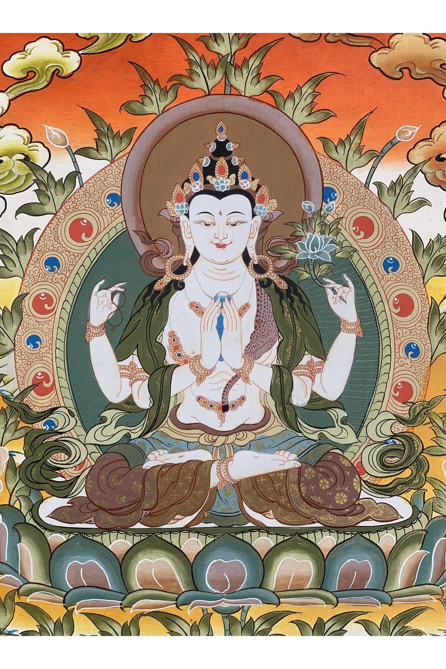 4 Armed Chyangresi/ Chenrezig/ Avalokiteshvara Master Quality Tibetan Thangka Painting, Original Hand Painting Art 16 x 22 Inch - Tibetan Thangka Art