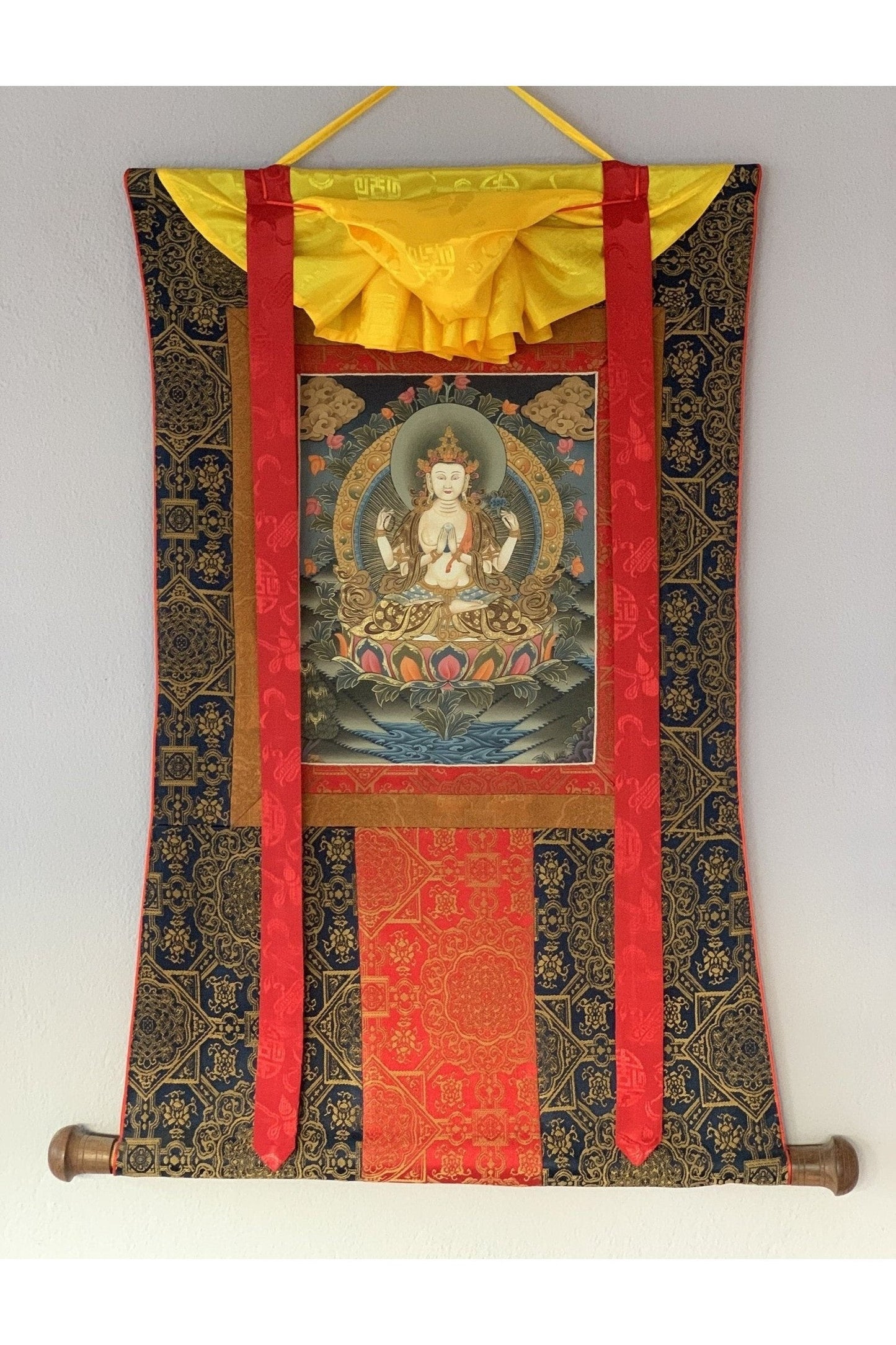 4 Armed Chyangresi, Chenrezig, Avalokiteshvara, Rare, Masterpiece Original Hand Painted Tibetan Thangka Painting with Premium Silk Border - Tibetan Thangka Art