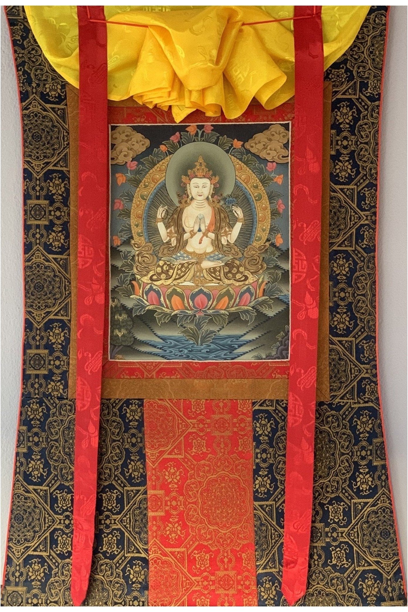 4 Armed Chyangresi, Chenrezig, Avalokiteshvara, Rare, Masterpiece Original Hand Painted Tibetan Thangka Painting with Premium Silk Border - Tibetan Thangka Art