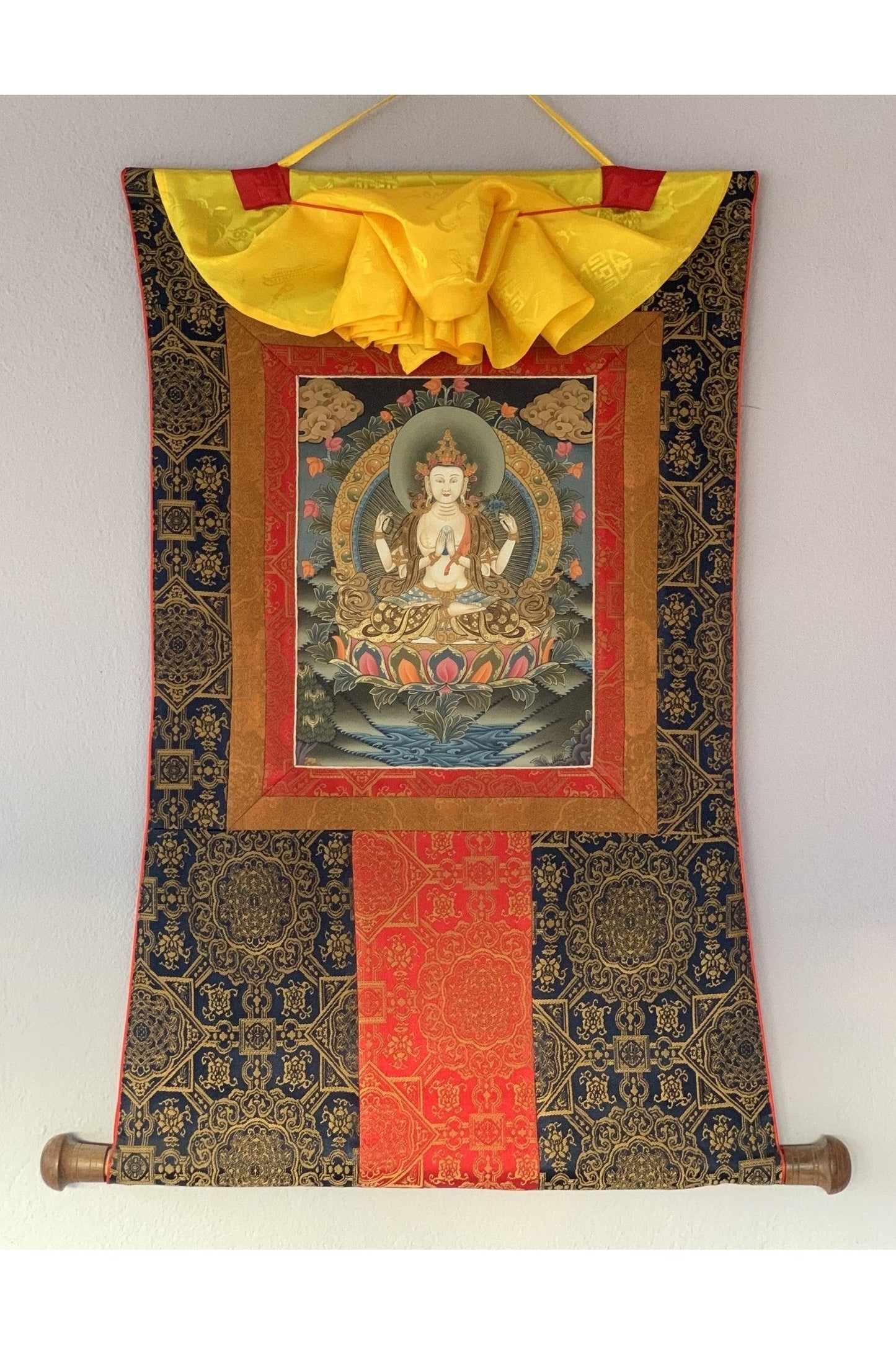 4 Armed Chyangresi, Chenrezig, Avalokiteshvara, Rare, Masterpiece Original Hand Painted Tibetan Thangka Painting with Premium Silk Border - Tibetan Thangka Art