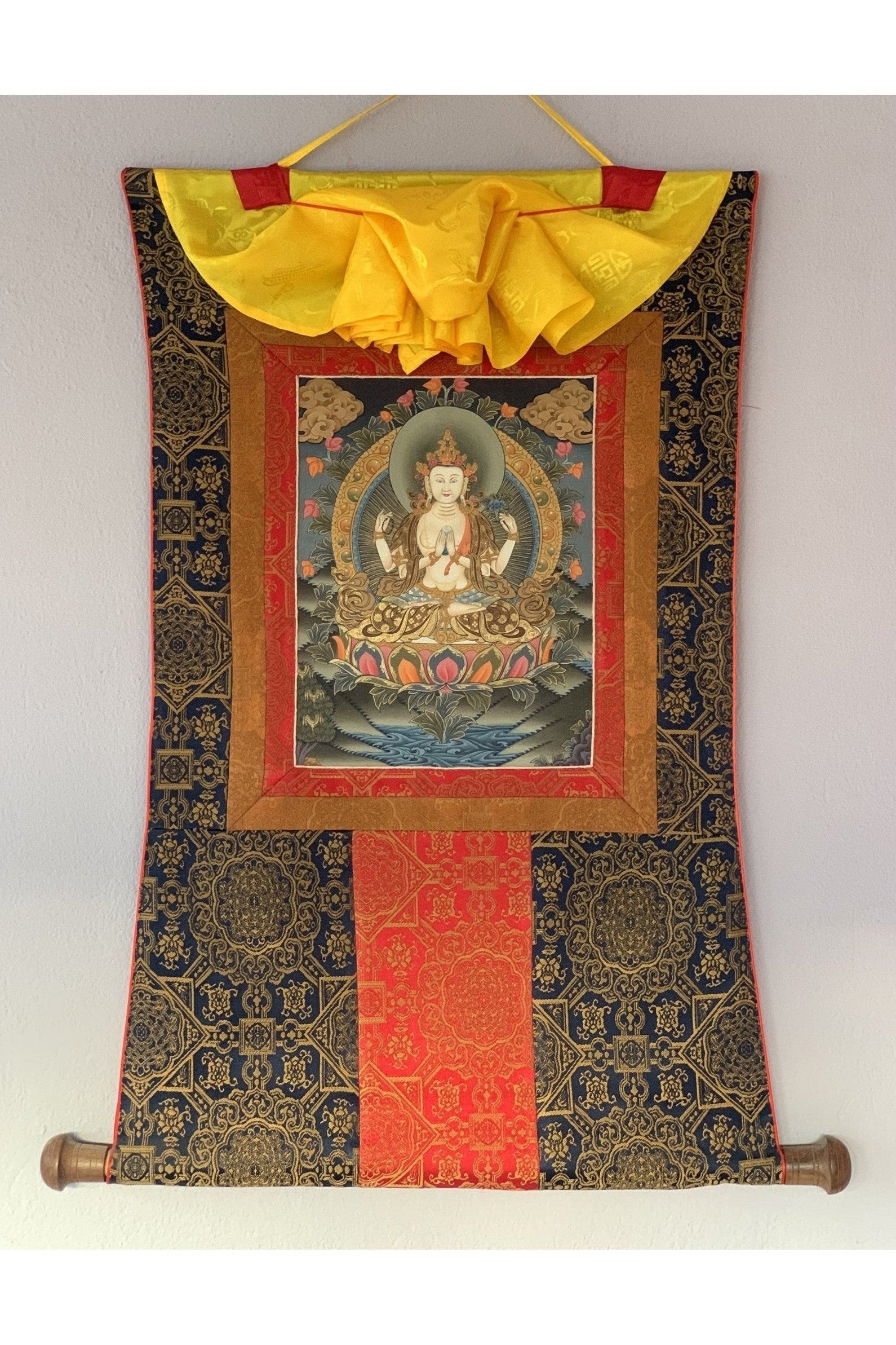 4 Armed Chyangresi, Chenrezig, Avalokiteshvara, Rare, Masterpiece Original Hand Painted Tibetan Thangka Painting with Premium Silk Border - Tibetan Thangka Art